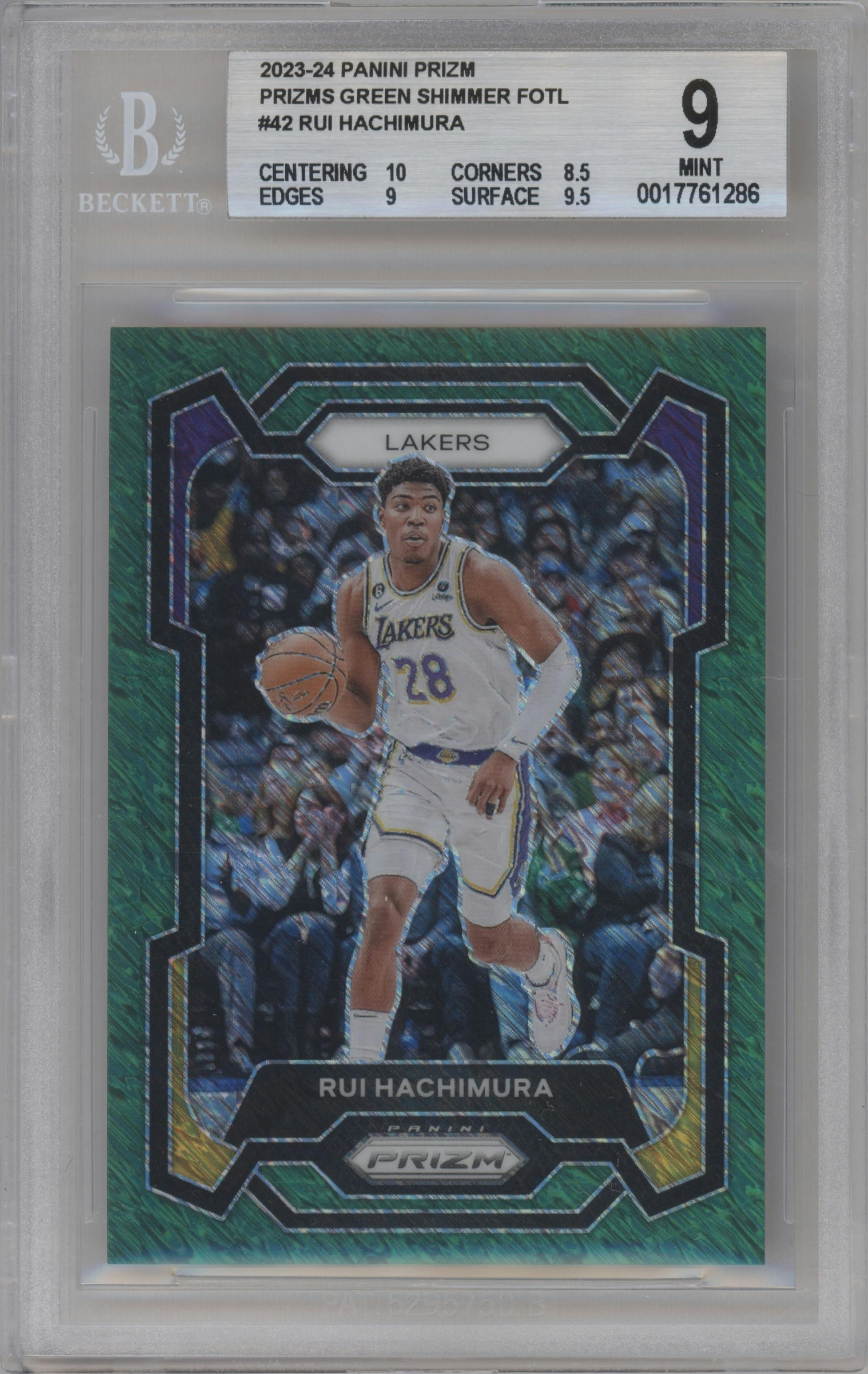 Rui Hachimura from the 2023-24 Panini Prizm set featuring a Green Shimmer FOTL parallel graded by Beckett and given an overall grade of 9.