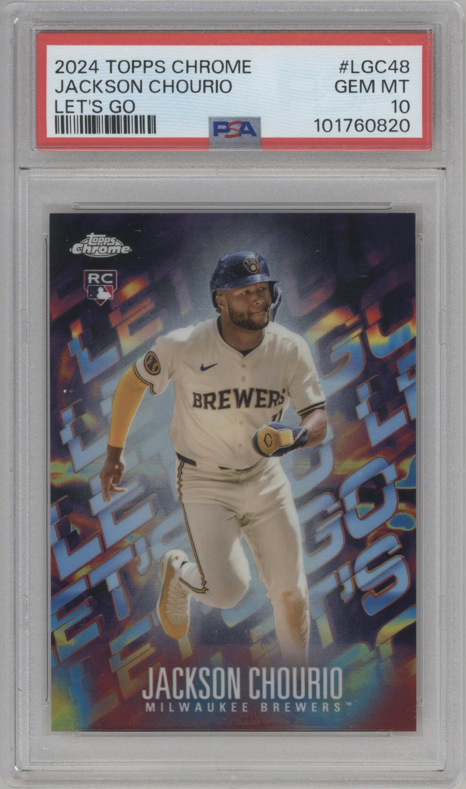 Jackson Chourio  from the 2024 Topps Chrome Update set graded by PSA and given an overall grade of 10.