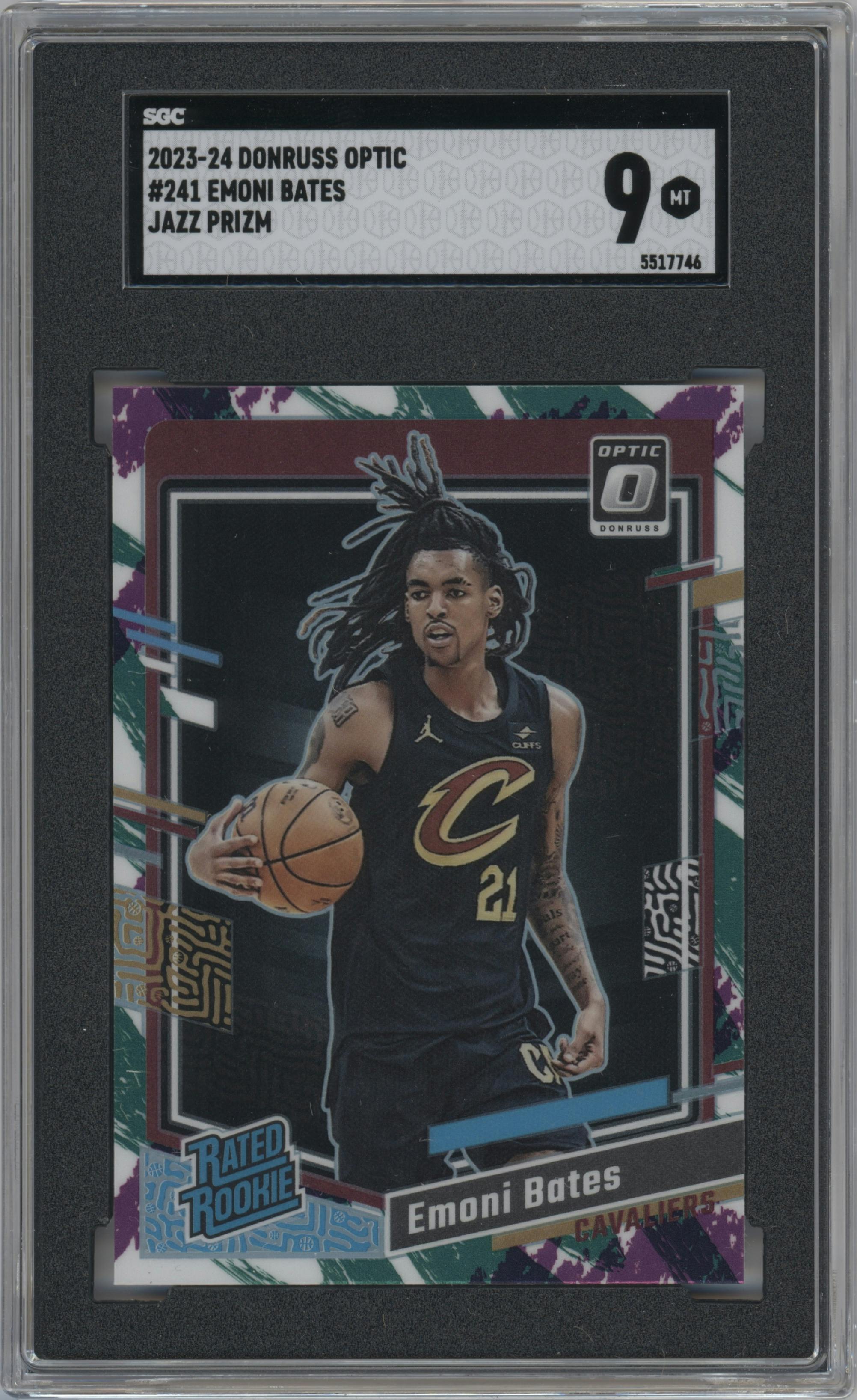 Emoni Bates from the 2023-24 Donruss Optic set featuring a Jazz parallel graded by SGC and given an overall grade of 9.