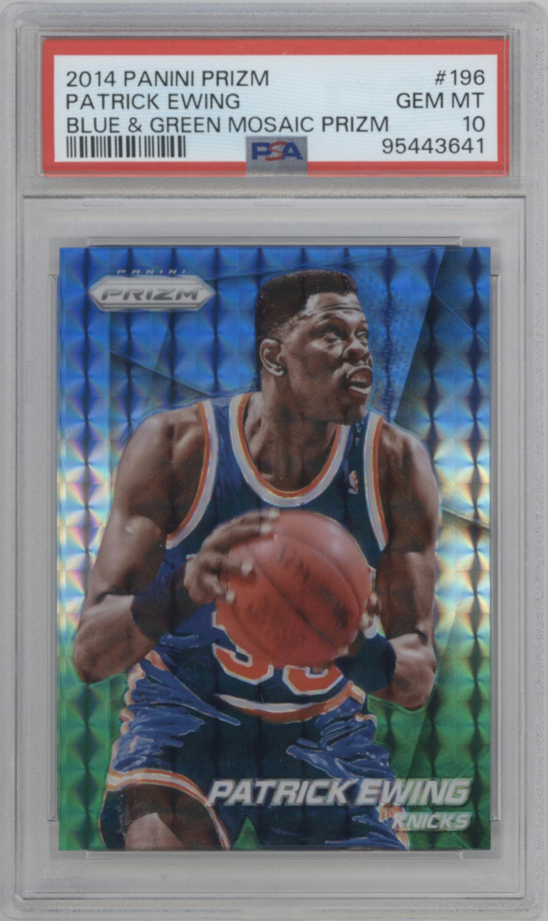 Patrick Ewing from the 2014-15 Panini Prizm set featuring a Blue & Green Mosaic parallel graded by PSA and given an overall grade of 10.