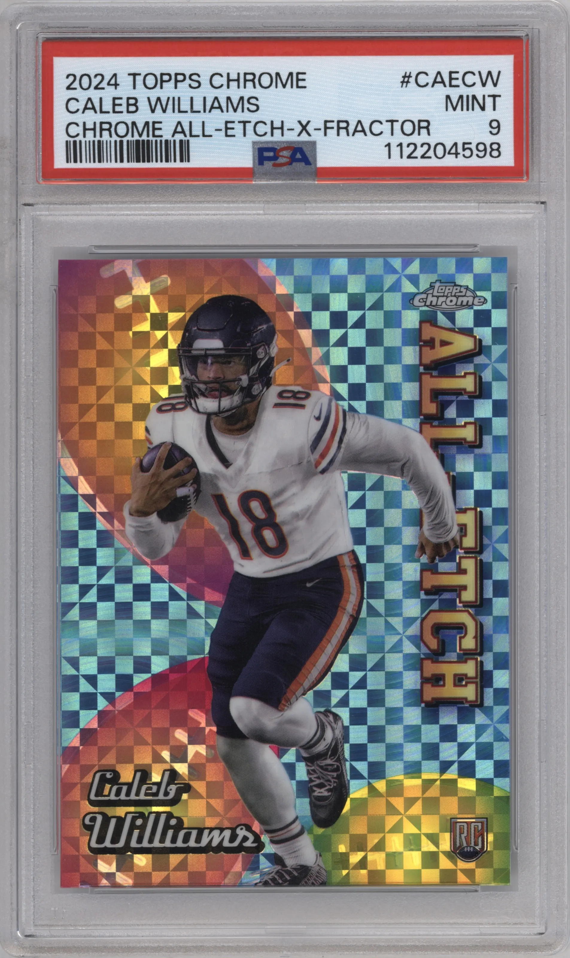 Caleb Williams from the 2024 Topps Chrome set featuring a X-Fractor parallel graded by PSA and given an overall grade of 9.