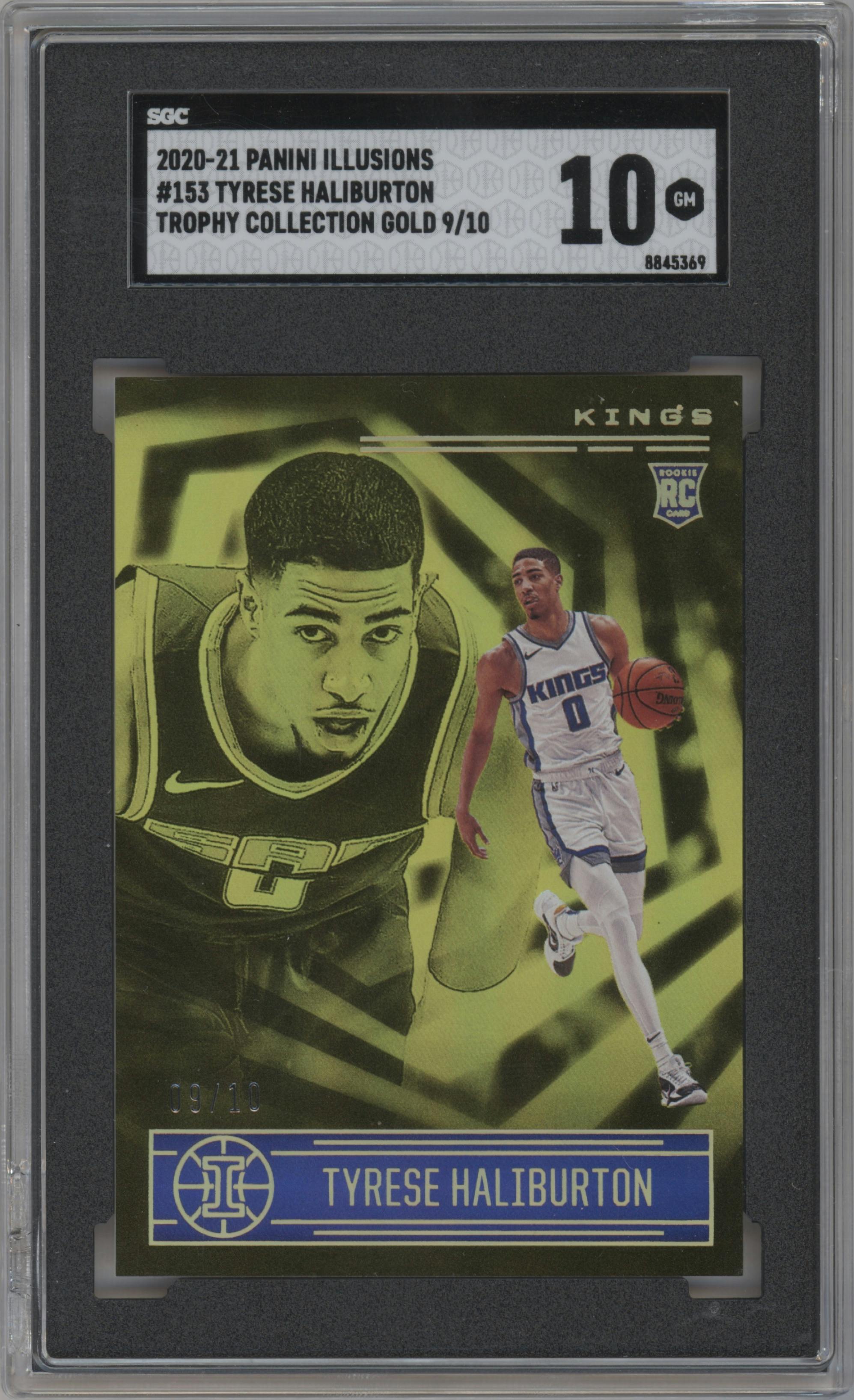 Tyrese Haliburton from the 2020-21 Panini Illusions  set featuring a Trophy Collection Gold parallel graded by SGC and given an overall grade of 10.