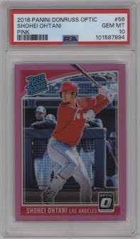 Shohei Ohtani from the 2018 Panini Donruss Optic set featuring a Pink parallel graded by PSA and given an overall grade of 10.
