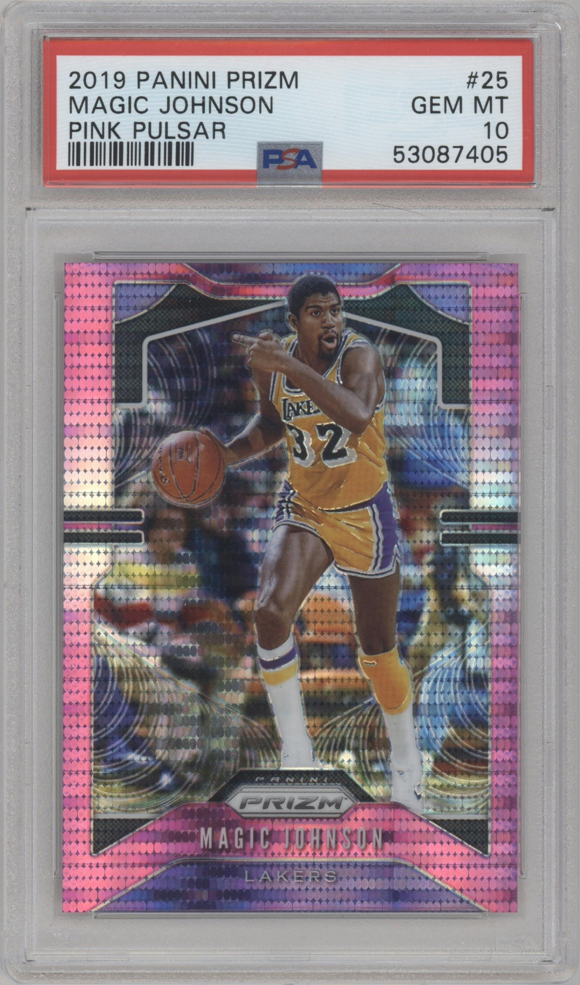 Magic Johnson from the 2019-20 Panini Prizm set featuring a Pink Pulsar  parallel graded by PSA and given an overall grade of 10.