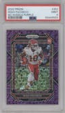 Isiah Pacheco from the 2022 Panini Prizm set featuring a No Huddle Purple parallel graded by PSA and given an overall grade of 9.