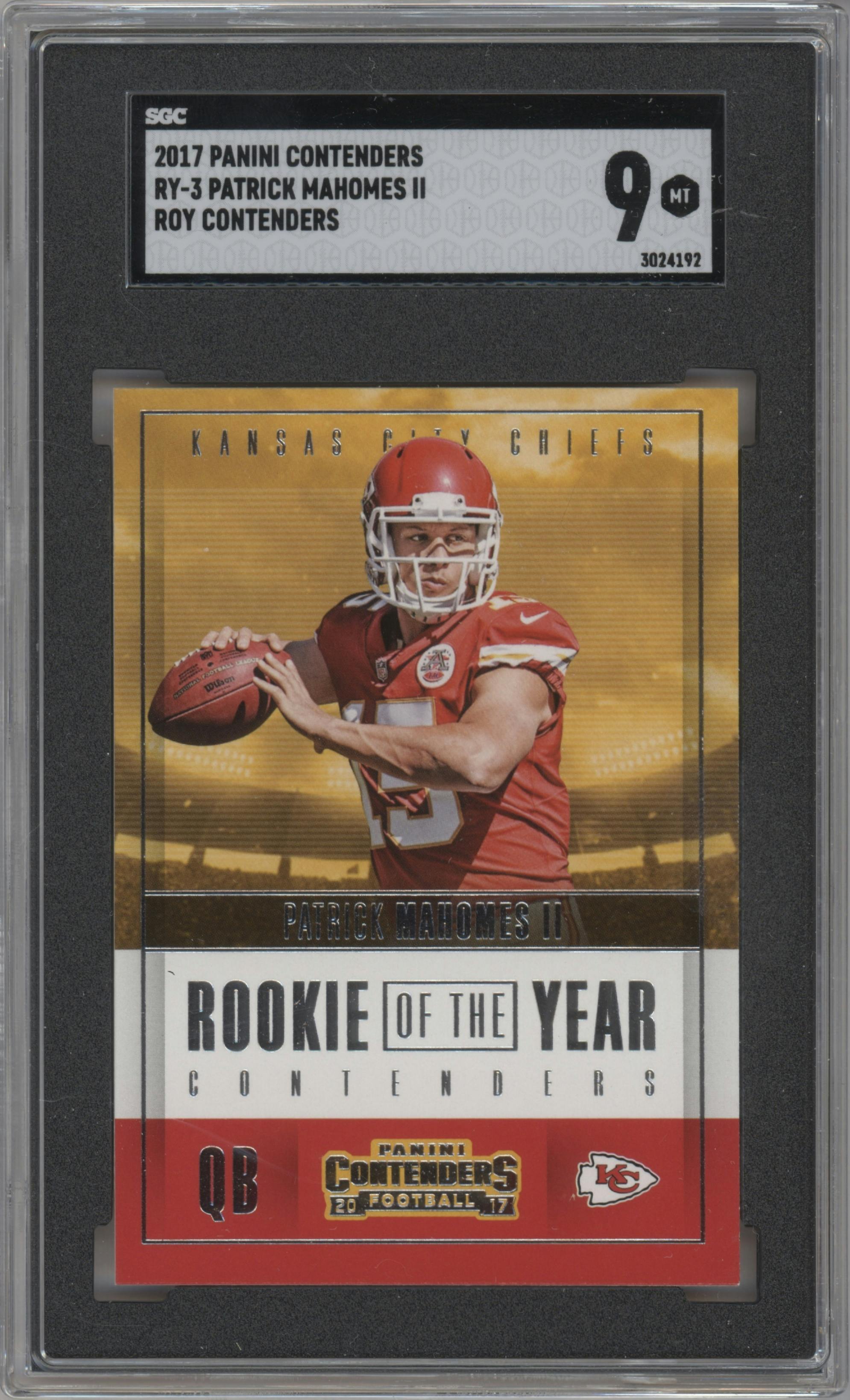 Patrick Mahomes II from the 2017 Panini Contenders set graded by SGC and given an overall grade of 9.