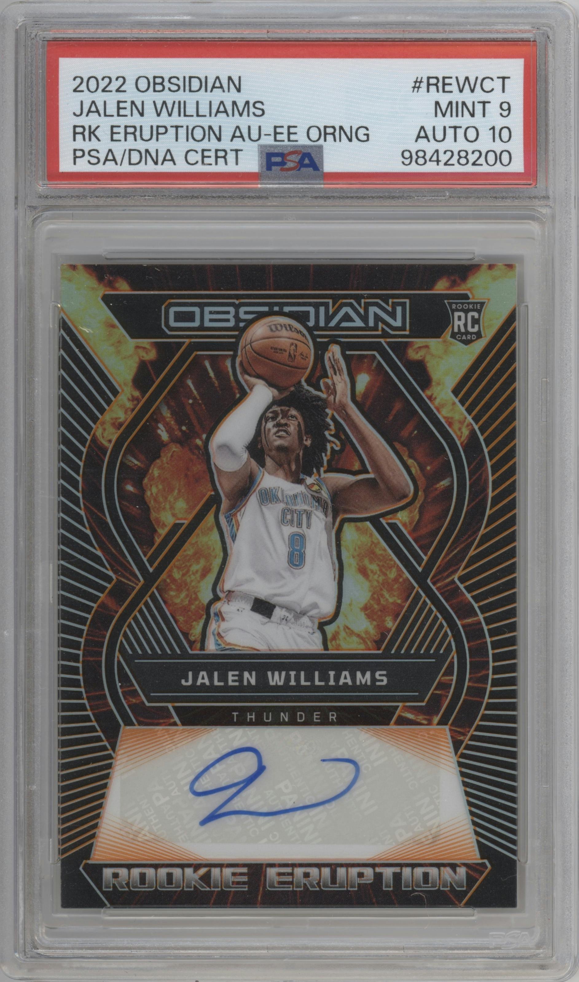 Jalen Williams from the 2022-23 Panini Obsidian set featuring a Electric Etch Orange parallel graded by PSA and given an overall grade of 9.
