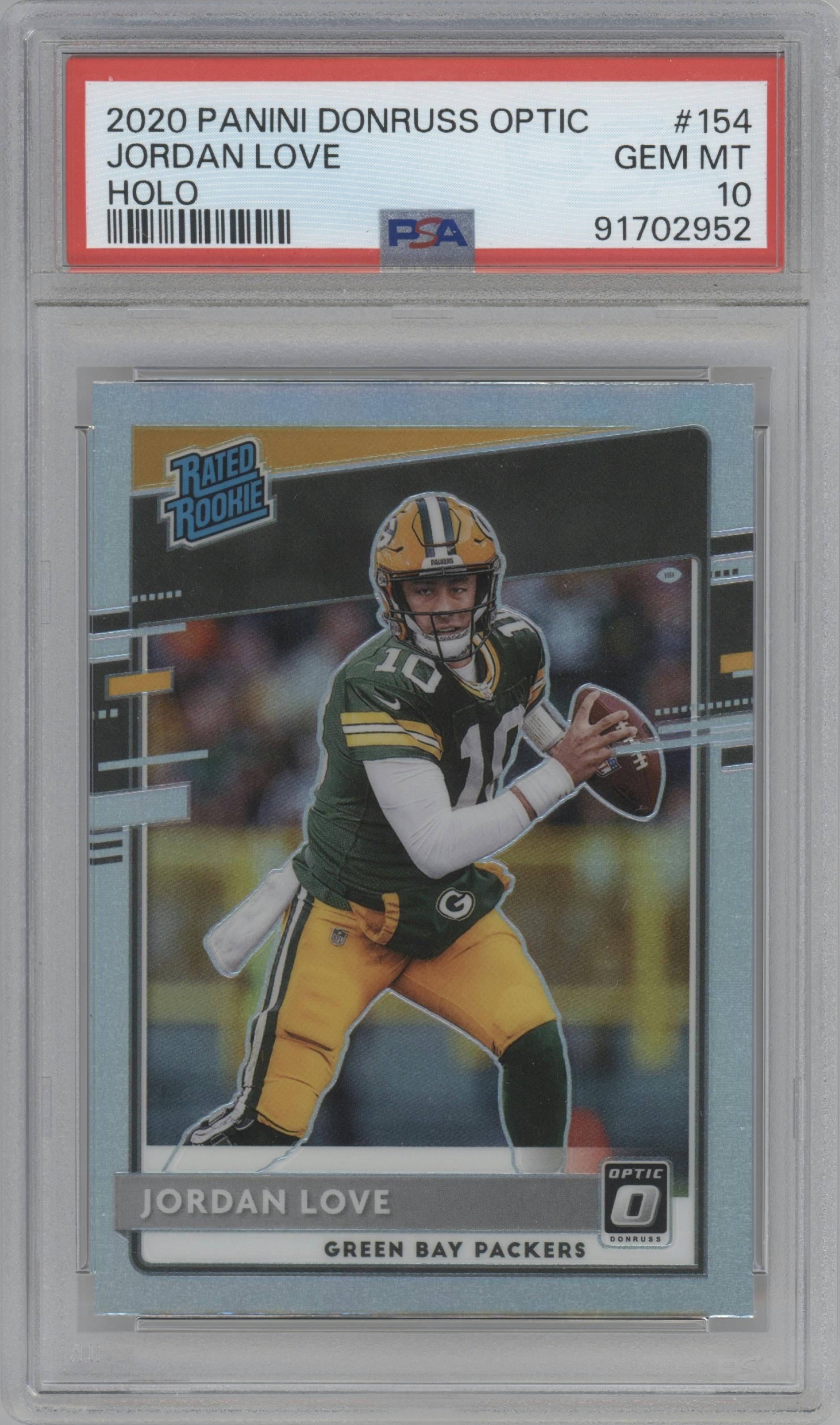 Jordan Love from the 2020 Panini Donruss Optic set featuring a Holo parallel graded by PSA and given an overall grade of 10.