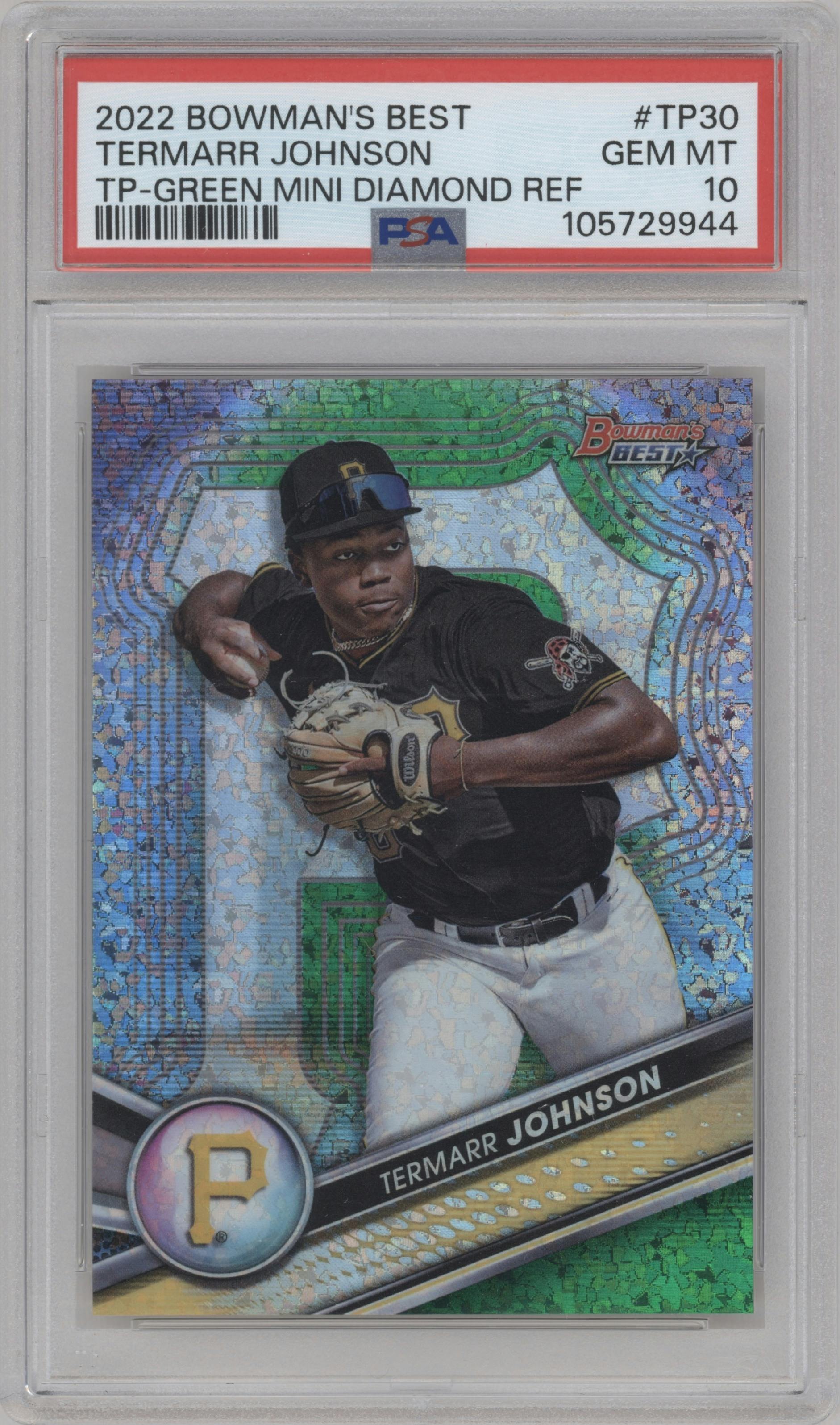 Termarr Johnson from the 2022 Bowman’s Best   set featuring a Green Mini-Diamond Refractor parallel graded by PSA and given an overall grade of 10.