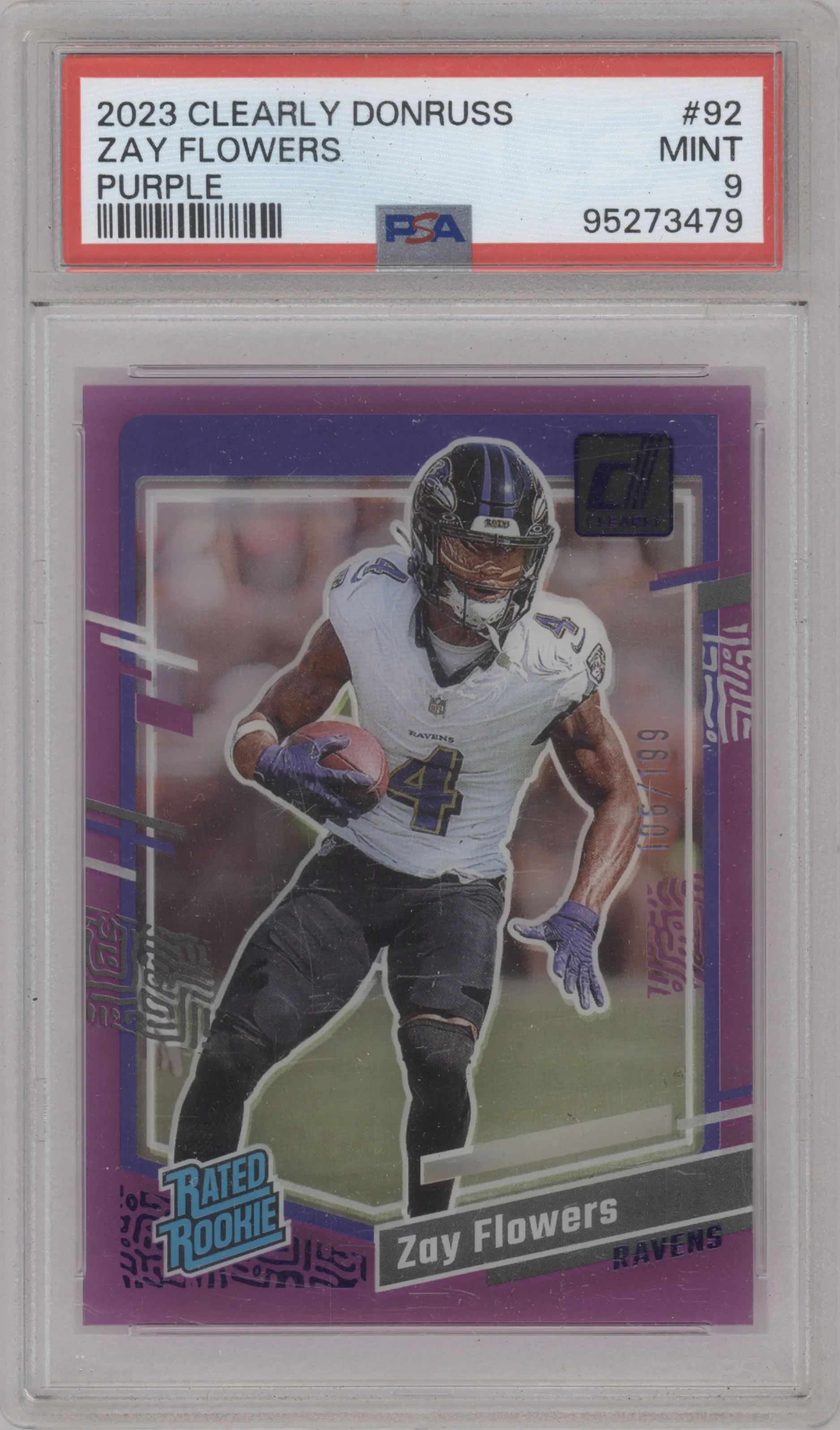 2023 Clearly Donruss Rated Rookie Zay Flowers Purple PSA 9