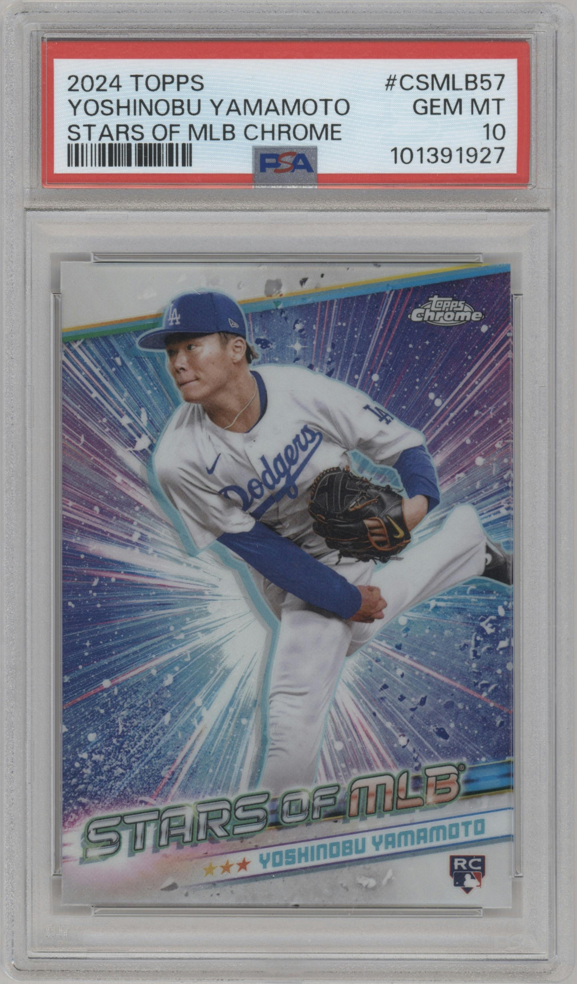 Yoshinobu Yamamoto  from the 2024 Topps  set graded by PSA and given an overall grade of 10.