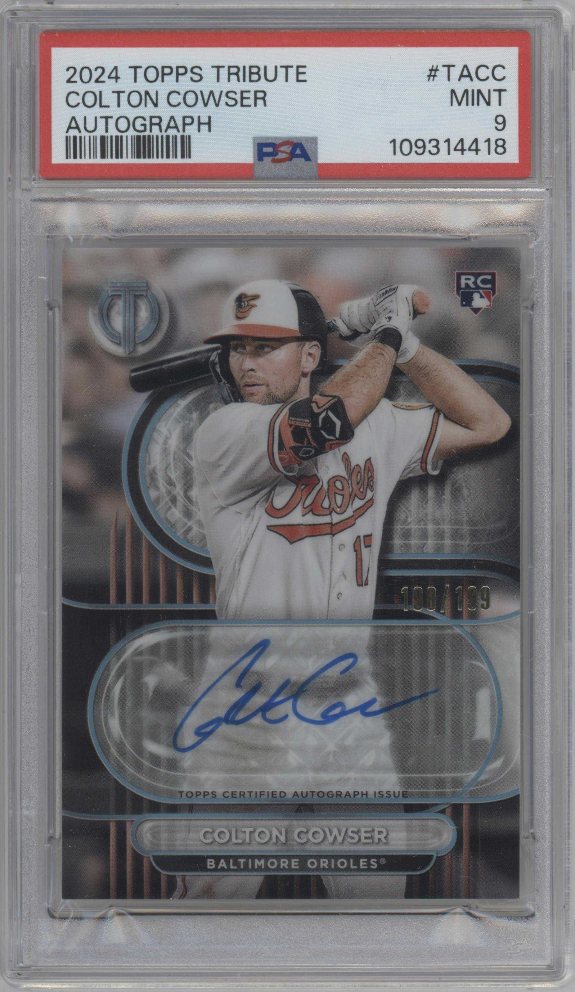 Colton Cowser from the 2024 Topps Tribute set graded by PSA and given an overall grade of 9.