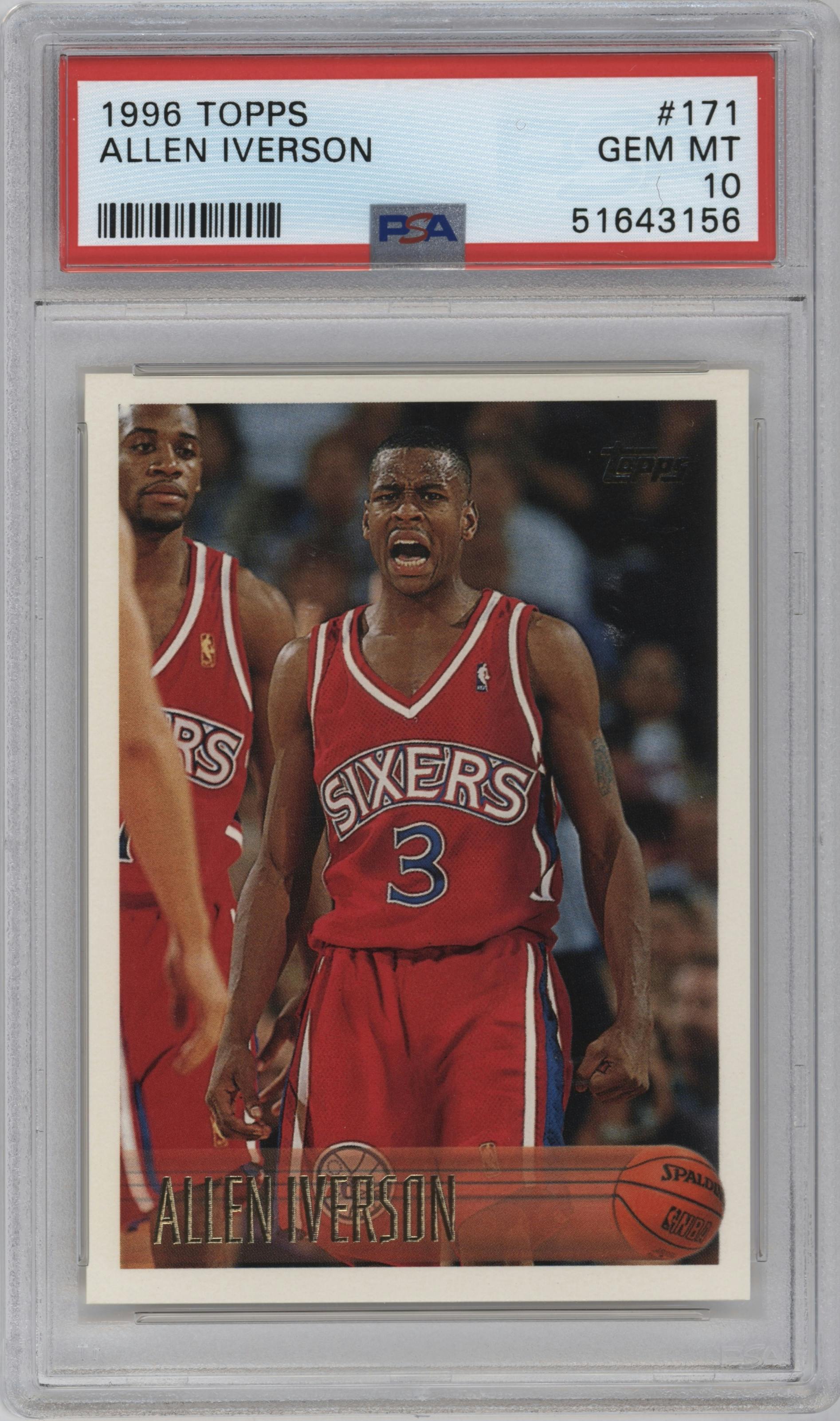 Allen Iverson from the 1996-97 Topps set graded by PSA and given an overall grade of 10.