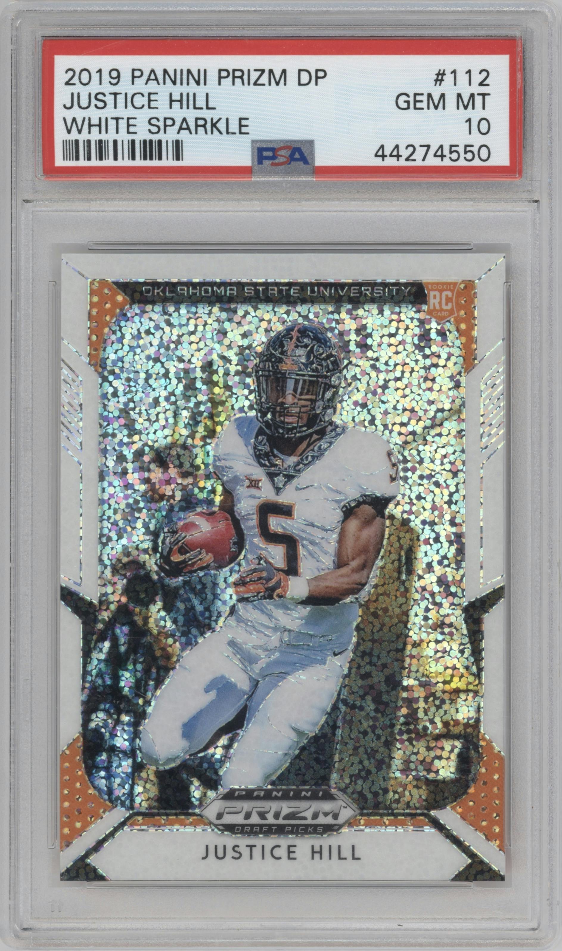 Justice Hill from the 2019 Panini Prizm Draft Picks set featuring a White Sparkle parallel graded by PSA and given an overall grade of 10.