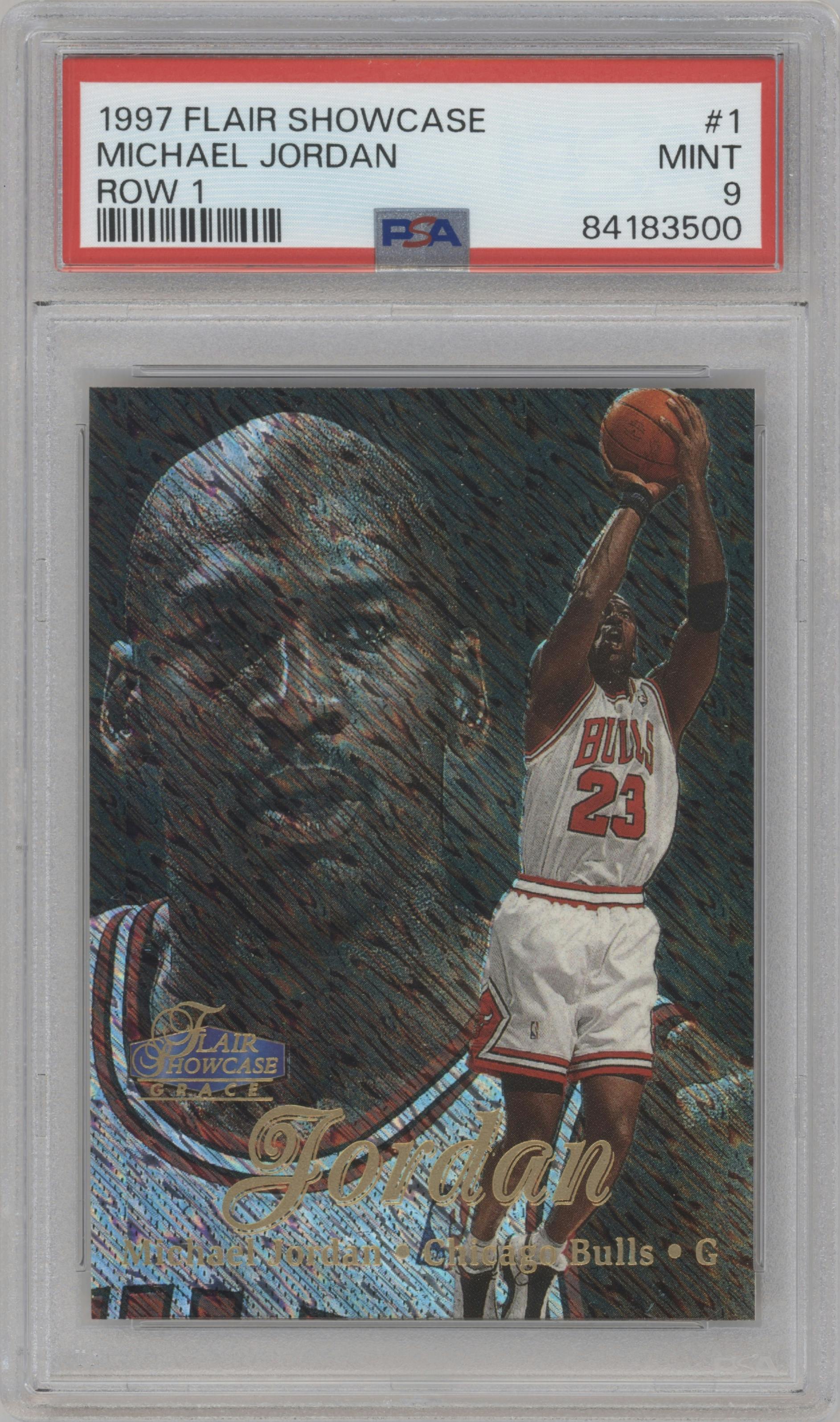Michael Jordan from the 1997-98 Flair Showcase set graded by PSA and given an overall grade of 9.