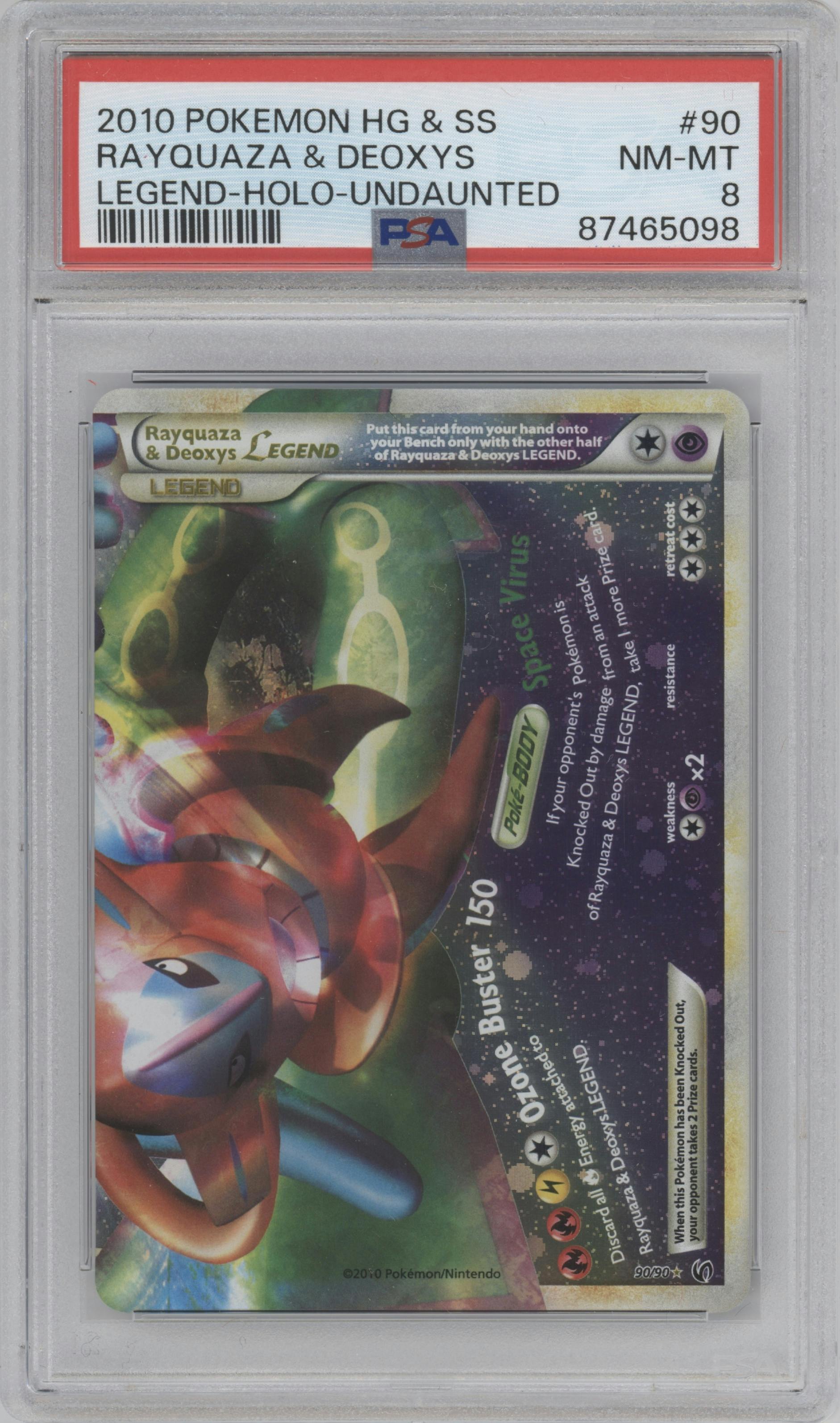 Rayquaza & Deoxys Legend from the 2010 Pokemon HG & SS set graded by PSA and given an overall grade of 8.