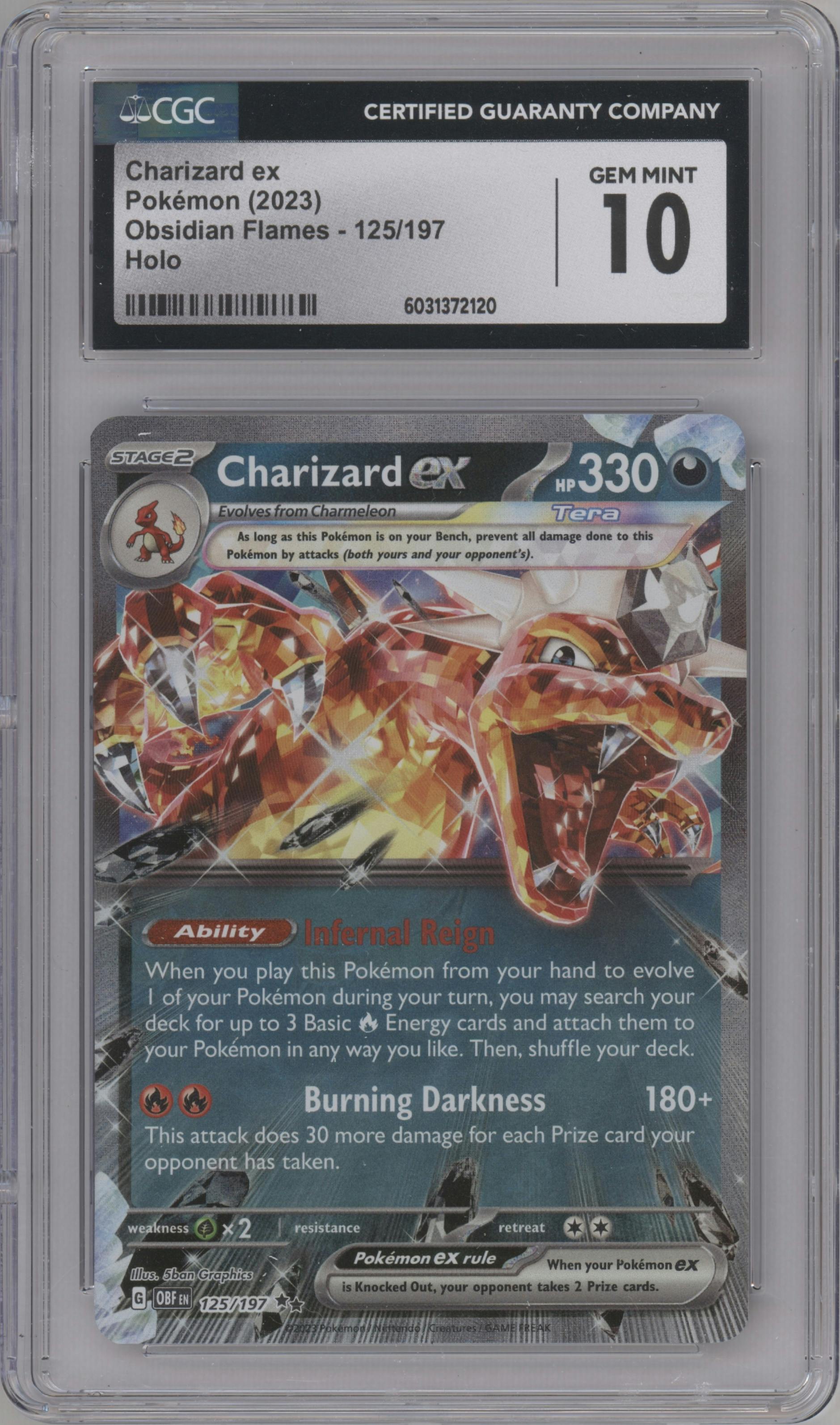 Charizard EX from the 2023 Pokemon SV set graded by CSG and given an overall grade of 10.