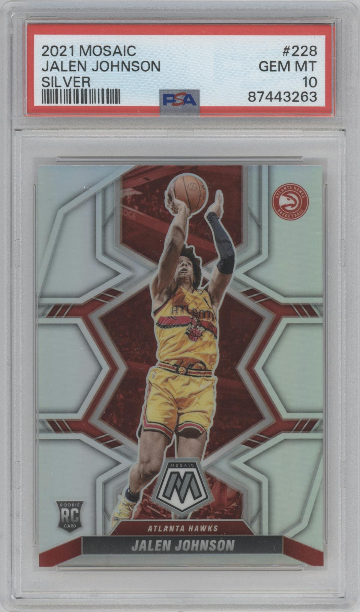 Jalen Johnson from the 2021-22 Panini Mosaic  set featuring a Silver Mosaic parallel graded by PSA and given an overall grade of 10.