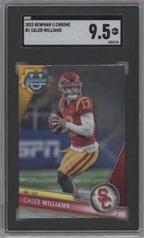 Caleb Williams from the 2023 Bowman Chrome University set graded by SGC and given an overall grade of 9.5.