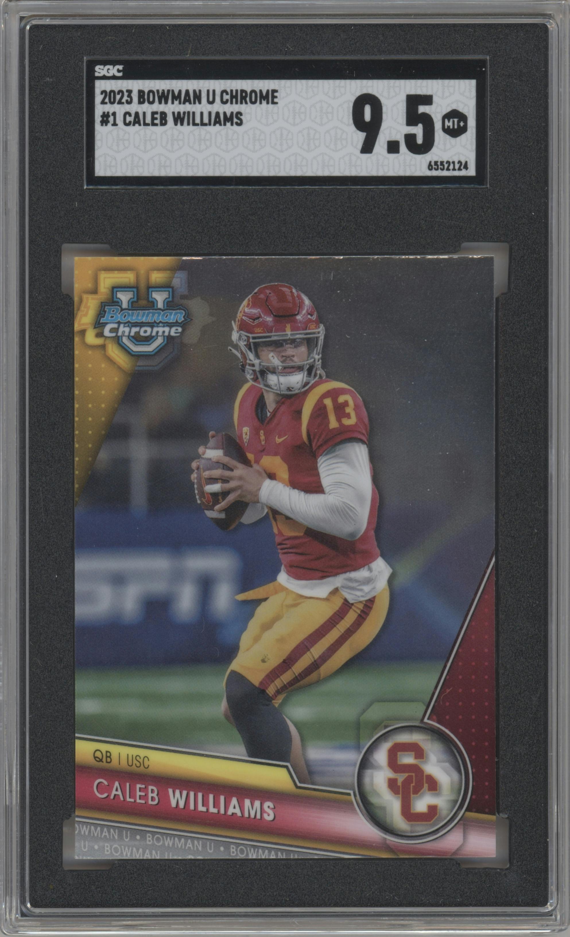 Caleb Williams from the 2023 Bowman Chrome University set graded by SGC and given an overall grade of 9.5.