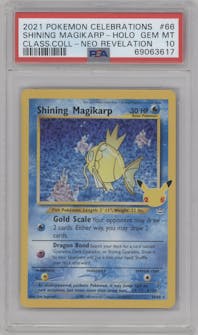 Shining Magikarp from the 2021 Pokemon SWSH set featuring a Neo Revelation parallel graded by PSA and given an overall grade of 10.