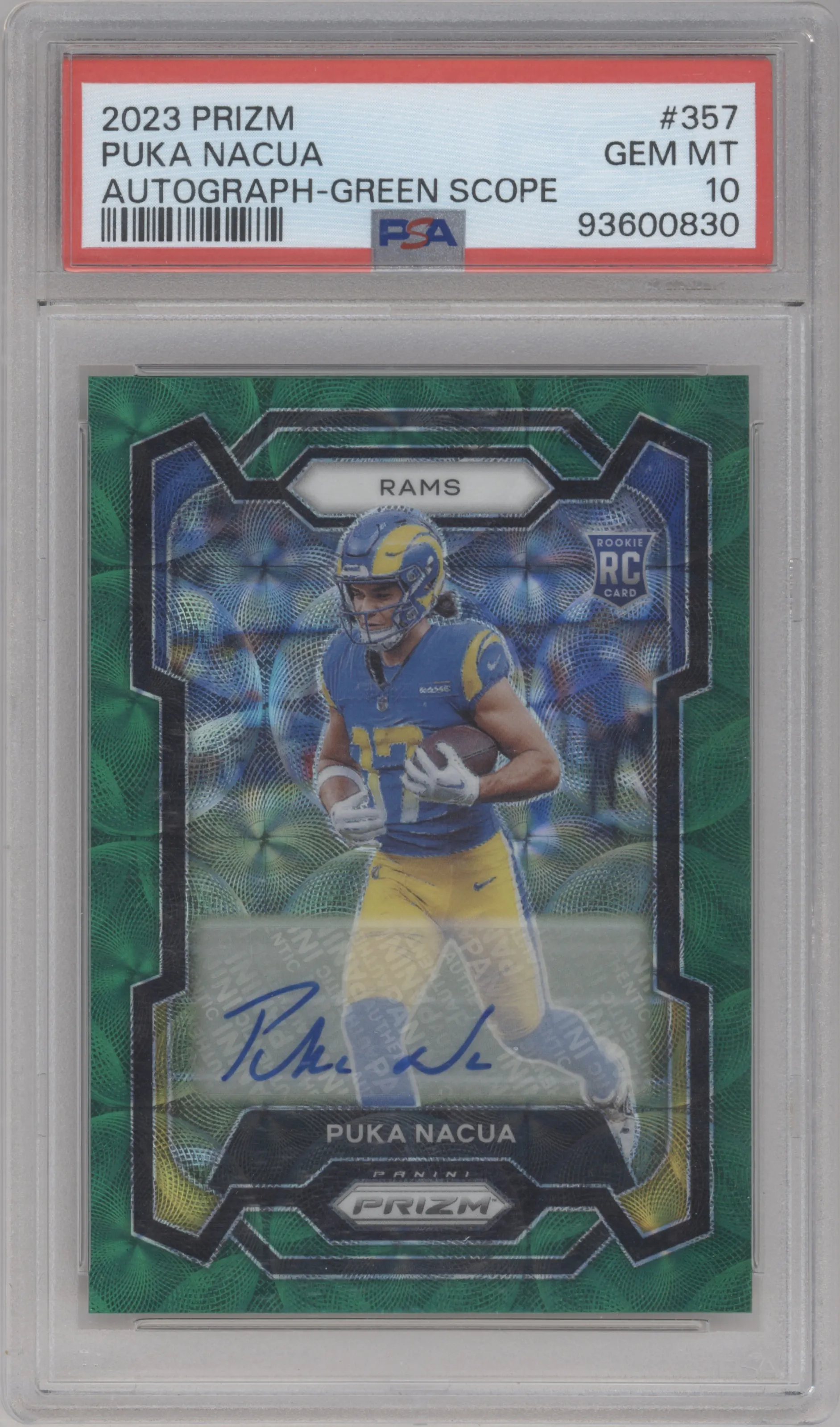 2023 Panini Prizm Rke.Auto Puka Nacua Green Scope #357 PSA 10