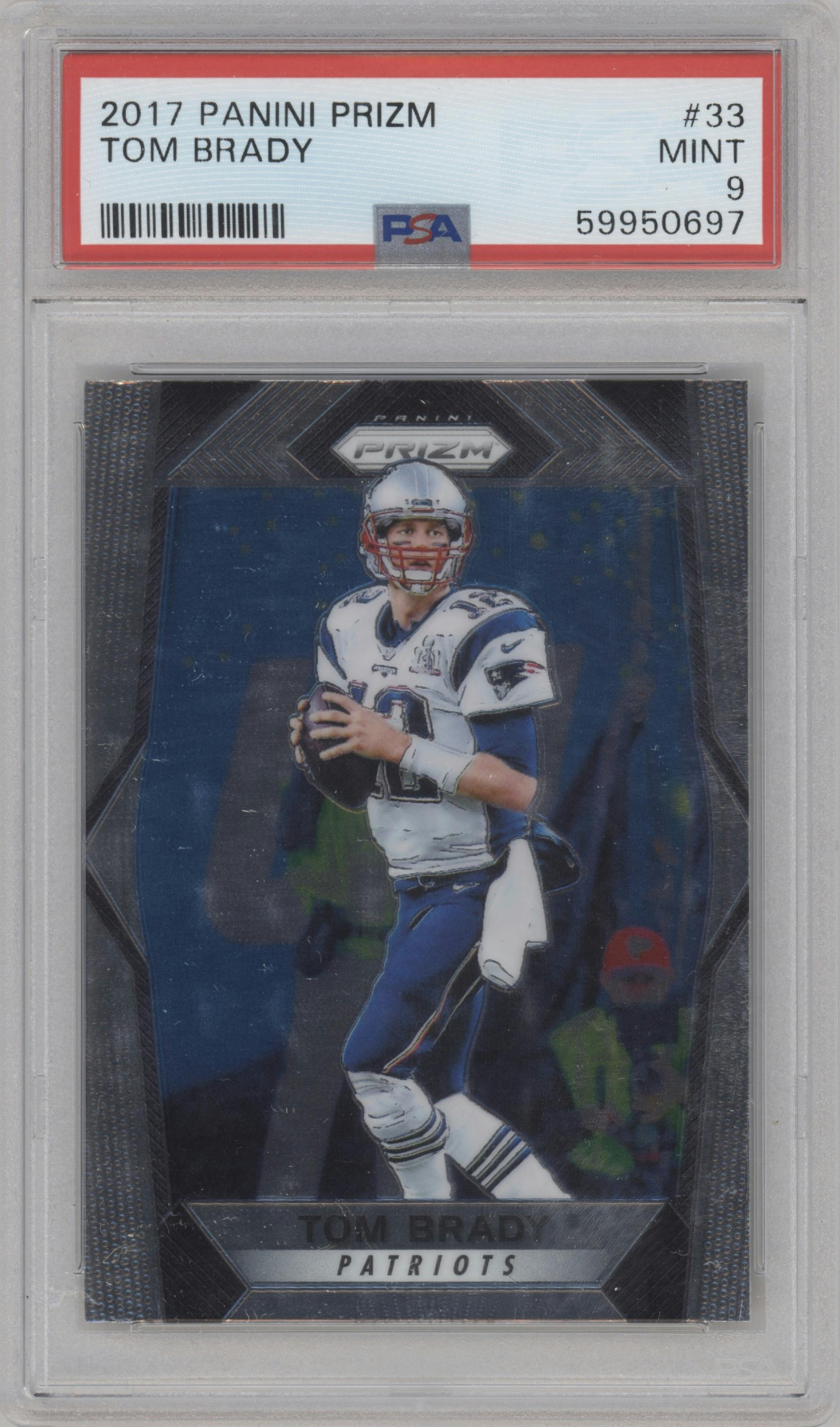 Tom Brady from the 2017 Panini Prizm set graded by PSA and given an overall grade of 9.