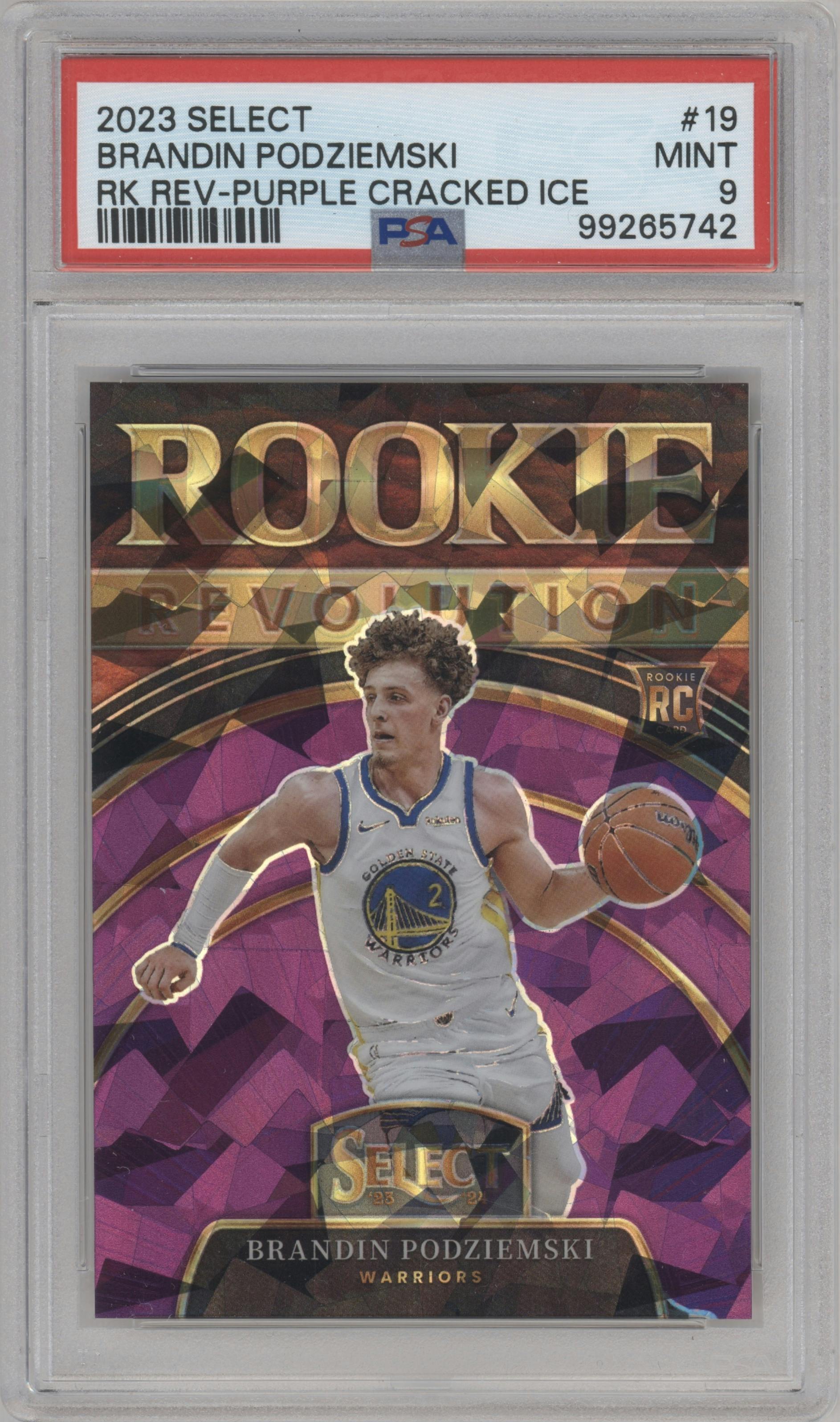 Brandin Podziemski from the 2023-24 Panini Select  set featuring a Purple Cracked Ice Prizm parallel graded by PSA and given an overall grade of 9.