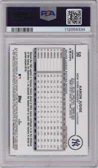 Aaron Judge from the 2024 Topps Chrome Logofractor set featuring a  Red MLB Refractor parallel graded by PSA and given an overall grade of 9.