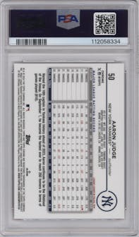 Aaron Judge from the 2024 Topps Chrome Logofractor set featuring a  Red MLB Refractor parallel graded by PSA and given an overall grade of 9.