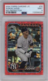 Aaron Judge from the 2024 Topps Chrome Logofractor set featuring a  Red MLB Refractor parallel graded by PSA and given an overall grade of 9.