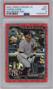 Aaron Judge from the 2024 Topps Chrome Logofractor set featuring a  Red MLB Refractor parallel graded by PSA and given an overall grade of 9.