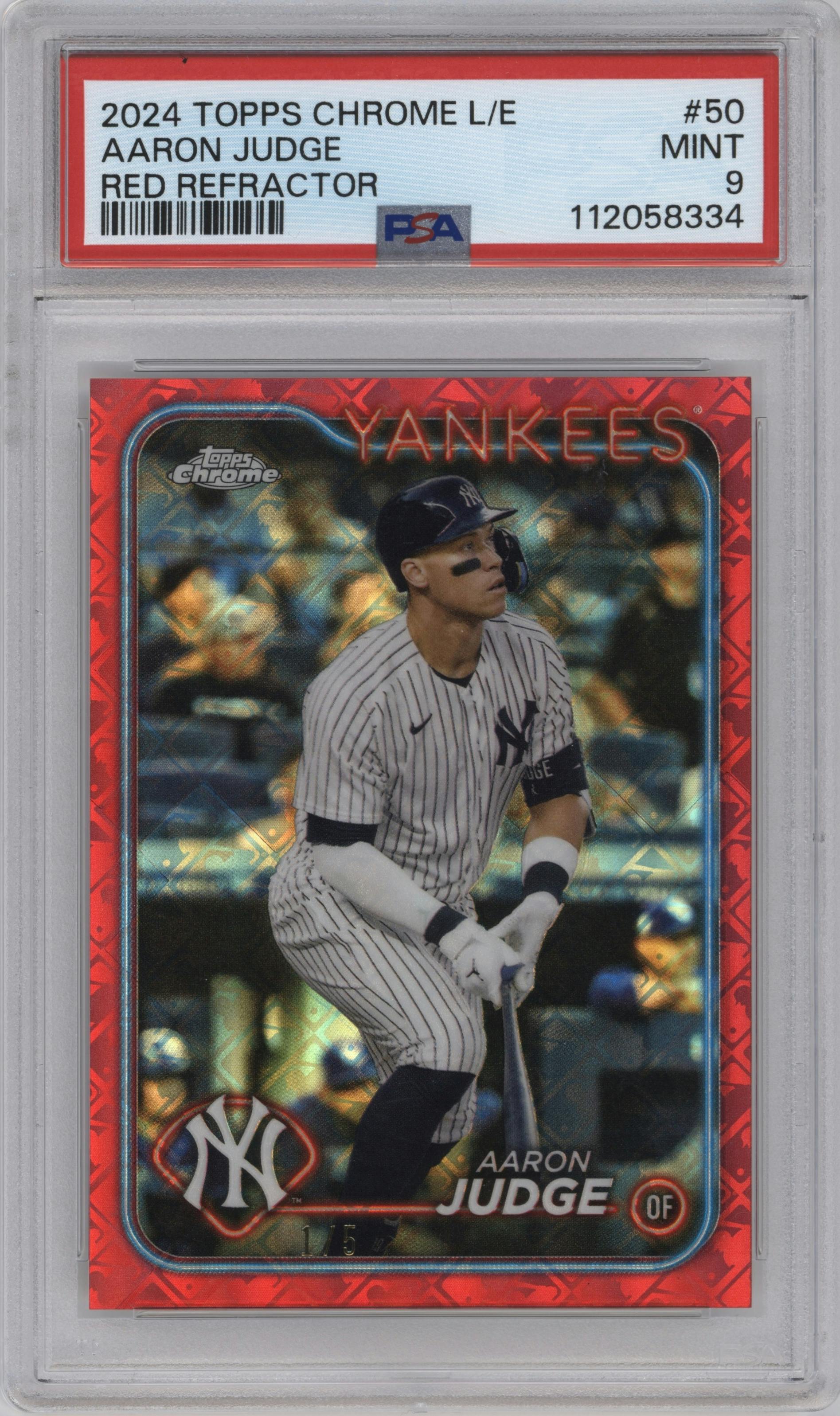 Aaron Judge from the 2024 Topps Chrome Logofractor set featuring a  Red MLB Refractor parallel graded by PSA and given an overall grade of 9.