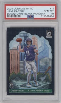 J.J. McCarthy from the 2024 Donruss Optic set featuring a Black Pandora parallel graded by PSA and given an overall grade of 10.