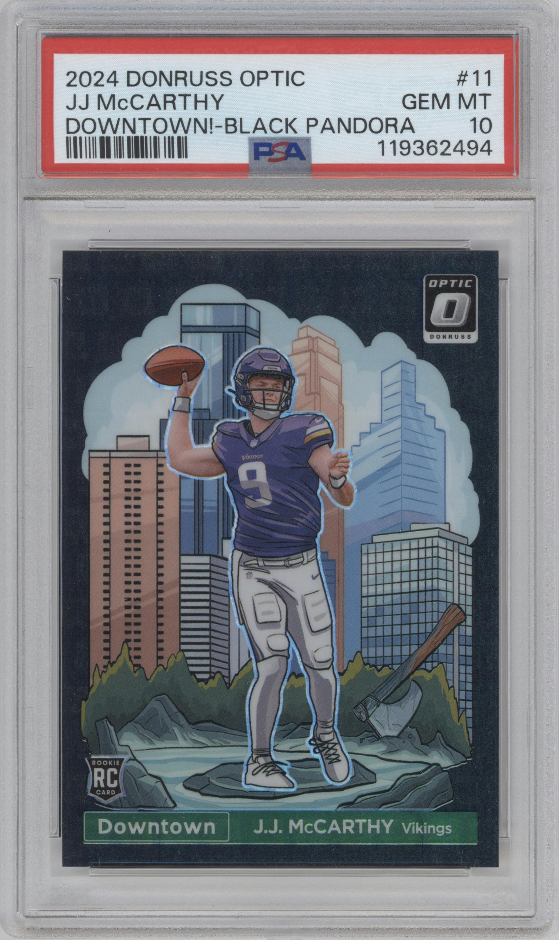J.J. McCarthy from the 2024 Donruss Optic set featuring a Black Pandora parallel graded by PSA and given an overall grade of 10.
