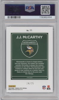J.J. McCarthy from the 2024 Donruss Optic set featuring a Black Pandora parallel graded by PSA and given an overall grade of 10.