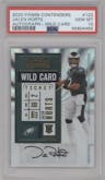 Jalen Hurts from the 2020 Panini Contenders set featuring a Wild Card  parallel graded by PSA and given an overall grade of 10.