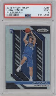 Luka Doncic from the 2018-19 Panini Prizm set featuring a Silver Prizm parallel graded by PSA and given an overall grade of 9.