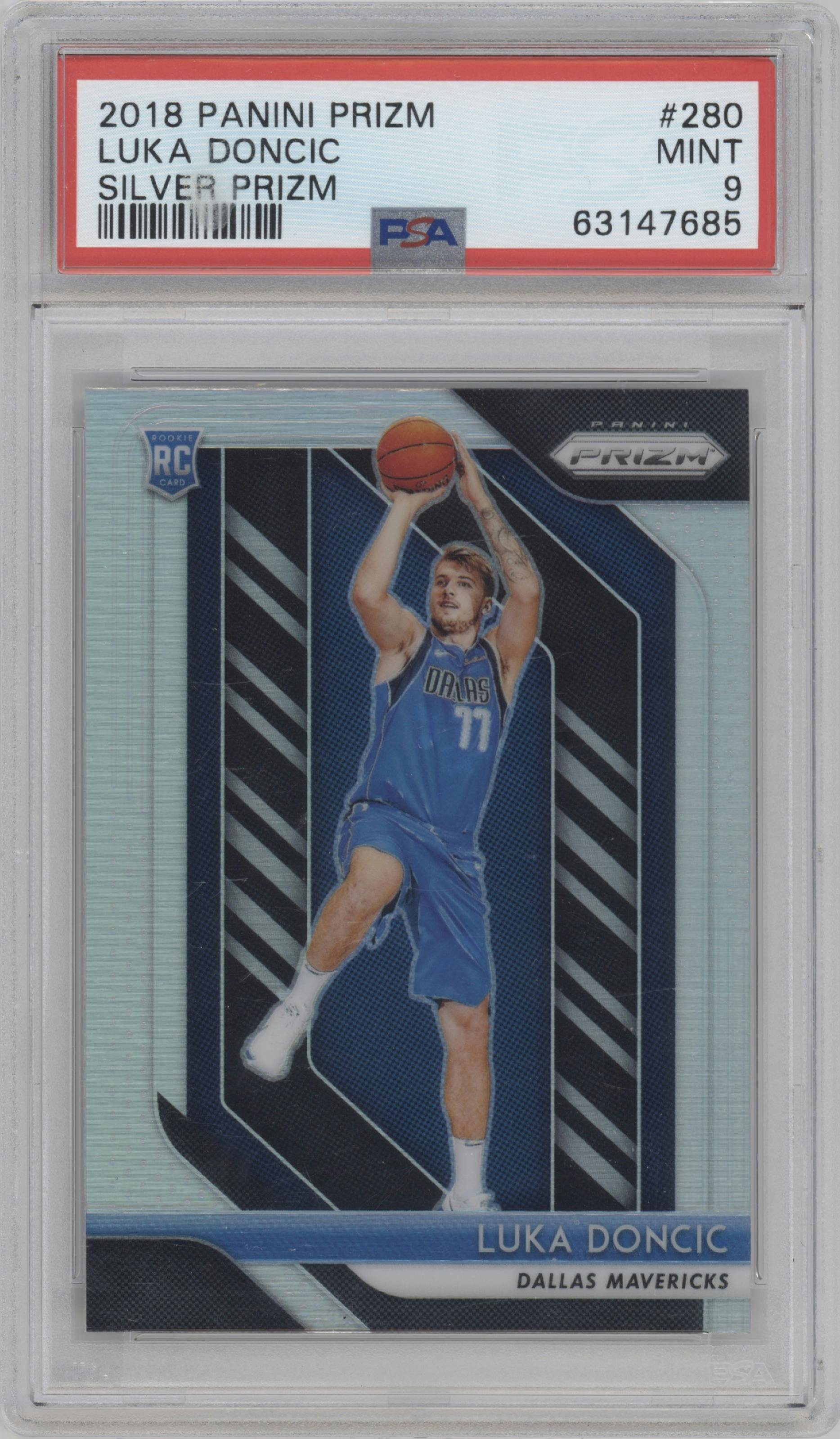 Luka Doncic from the 2018-19 Panini Prizm set featuring a Silver Prizm parallel graded by PSA and given an overall grade of 9.