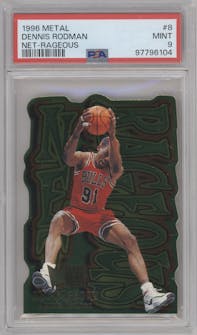 Dennis Rodman from the 1996-97 Fleer Metal  set graded by PSA and given an overall grade of 9.