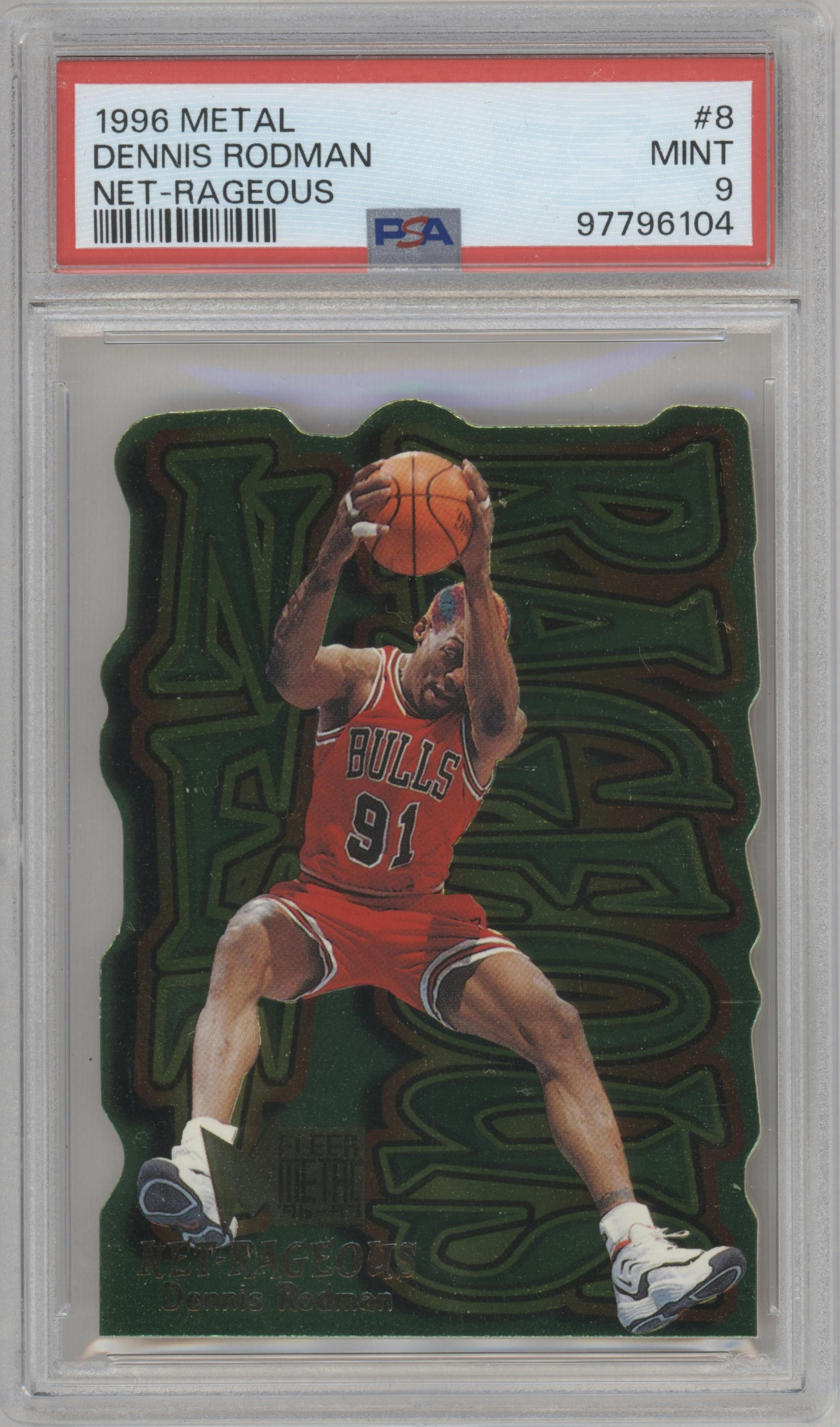 Dennis Rodman from the 1996-97 Fleer Metal  set graded by PSA and given an overall grade of 9.