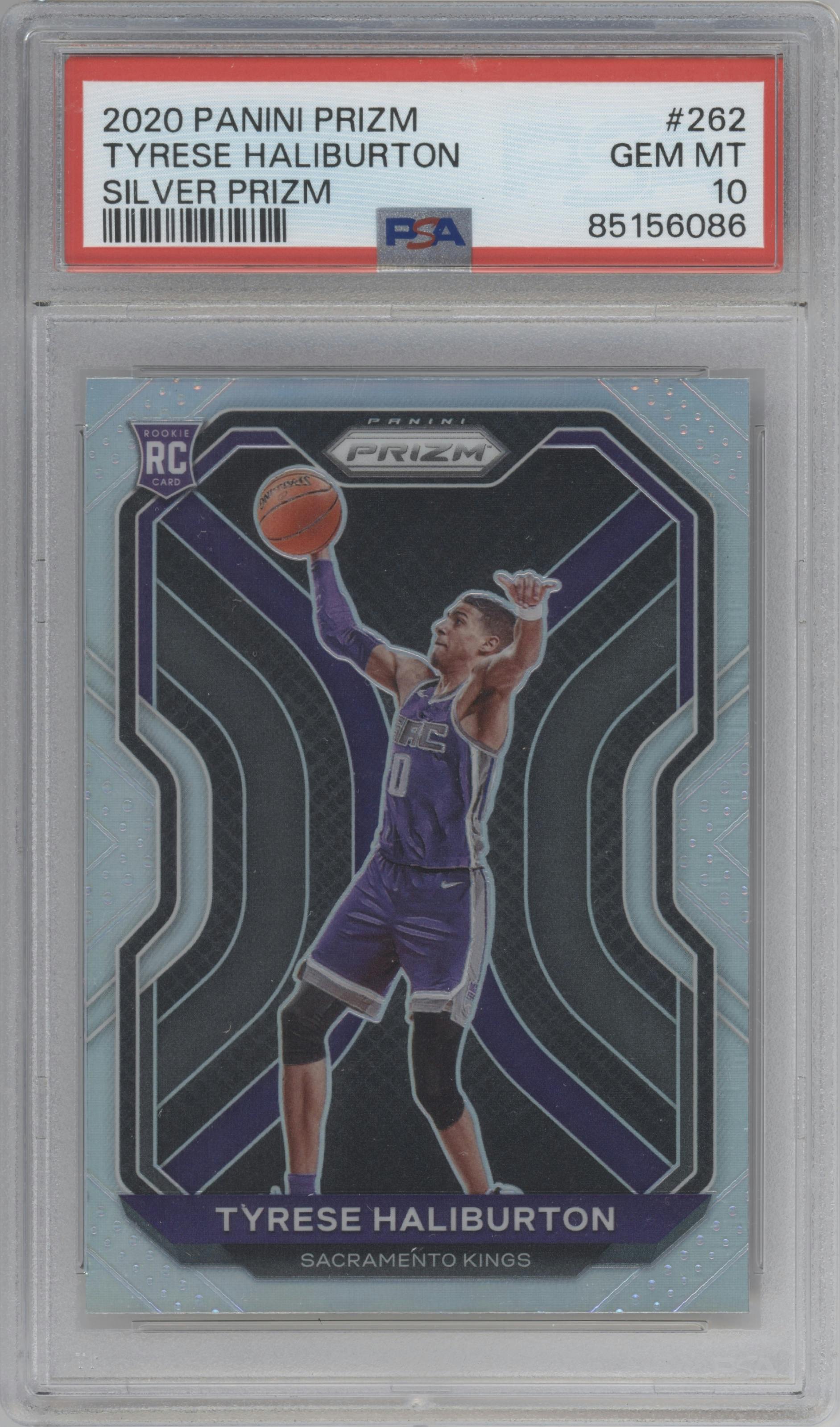 Tyrese Haliburton from the 2020-21 Panini Prizm set featuring a Silver Prizm parallel graded by PSA and given an overall grade of 10.