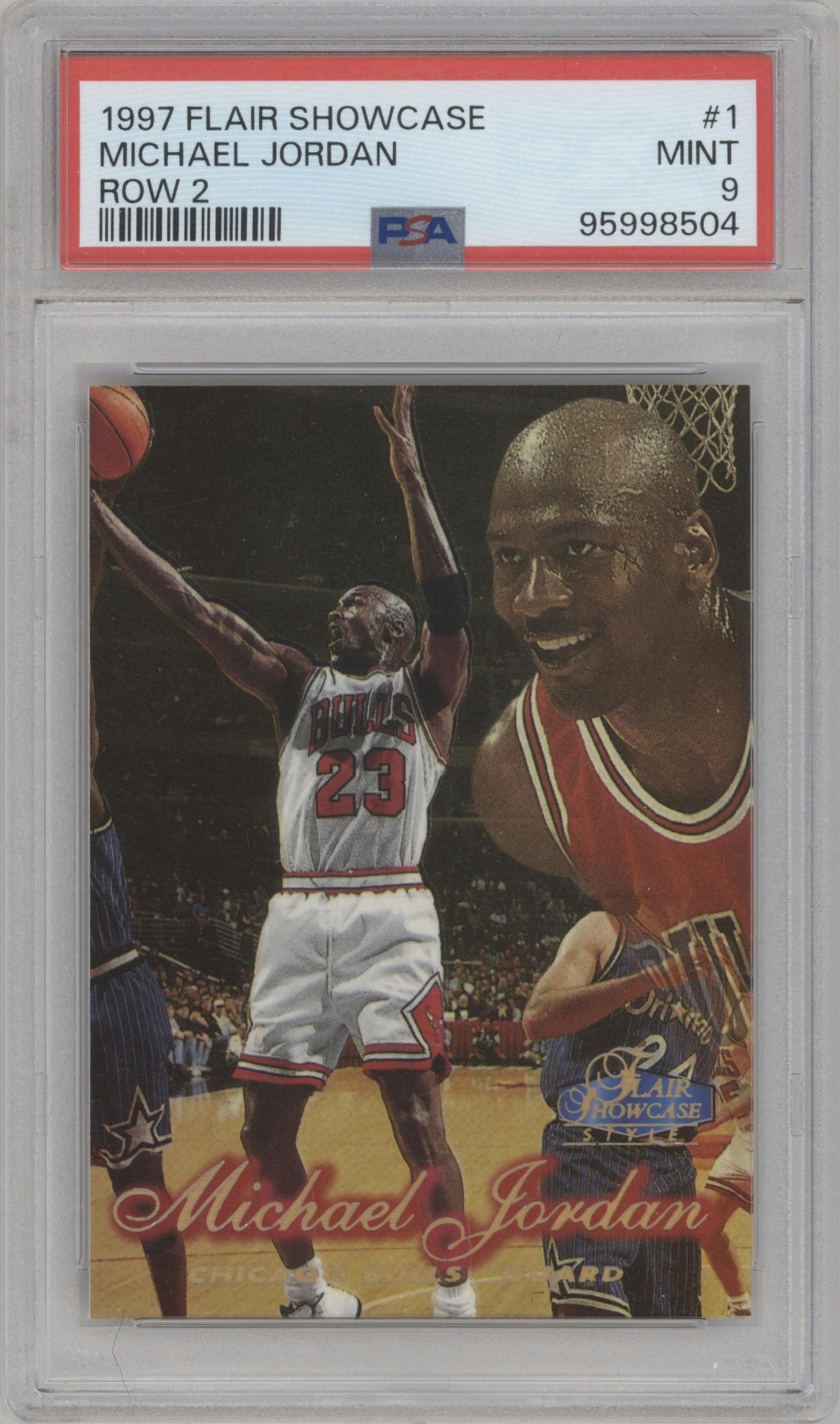 Michael Jordan from the 1997-98 Flair Showcase set graded by PSA and given an overall grade of 9.