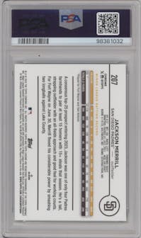 Jackson Merrill from the 2024 Topps Chrome set featuring a Green Sonar Refractor parallel graded by PSA and given an overall grade of 9.