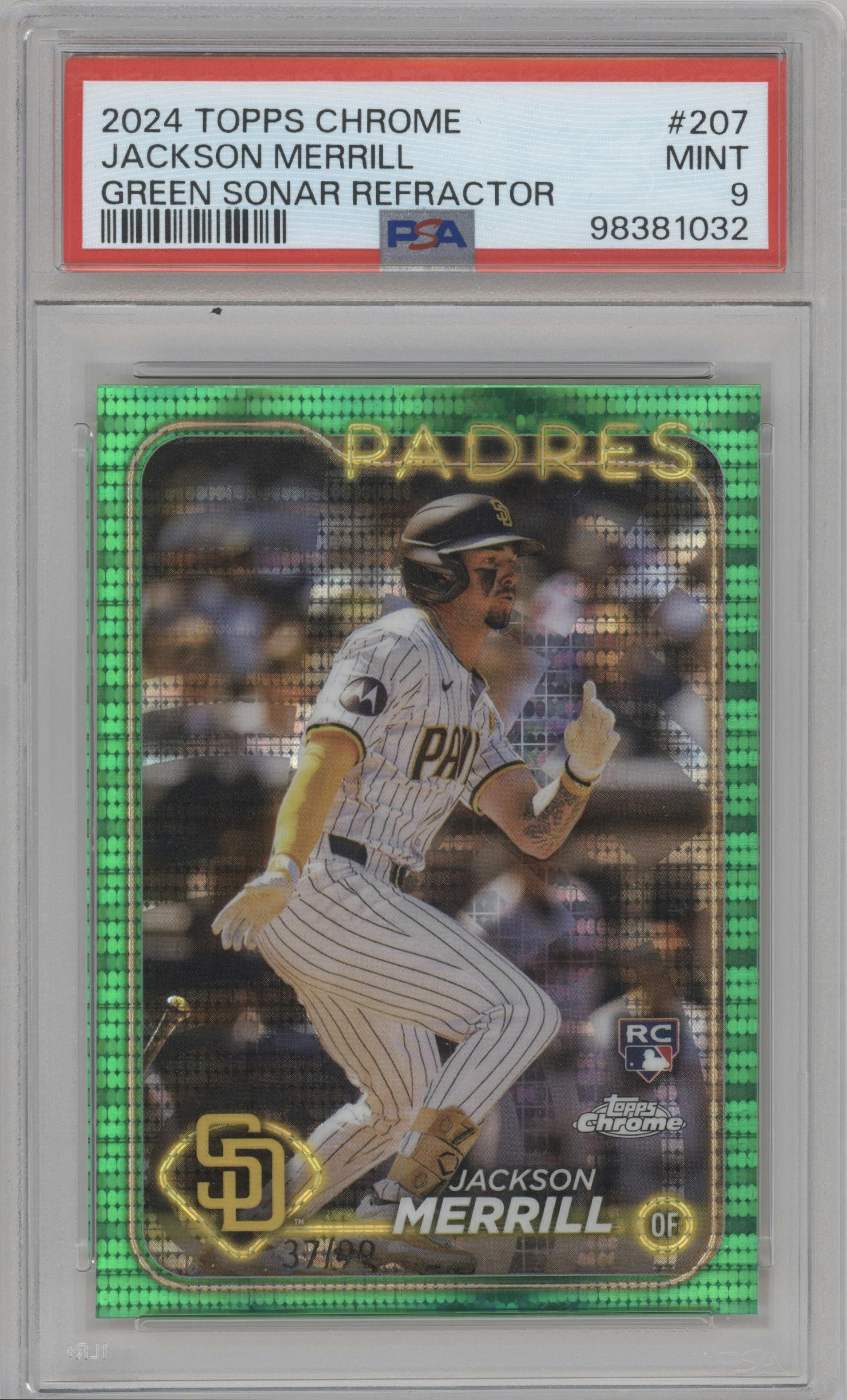 Jackson Merrill from the 2024 Topps Chrome set featuring a Green Sonar Refractor parallel graded by PSA and given an overall grade of 9.