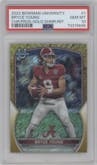 Bryce Young from the 2022 Bowman University Chrome set featuring a Gold Shimmer Refractor  parallel graded by PSA and given an overall grade of 10.