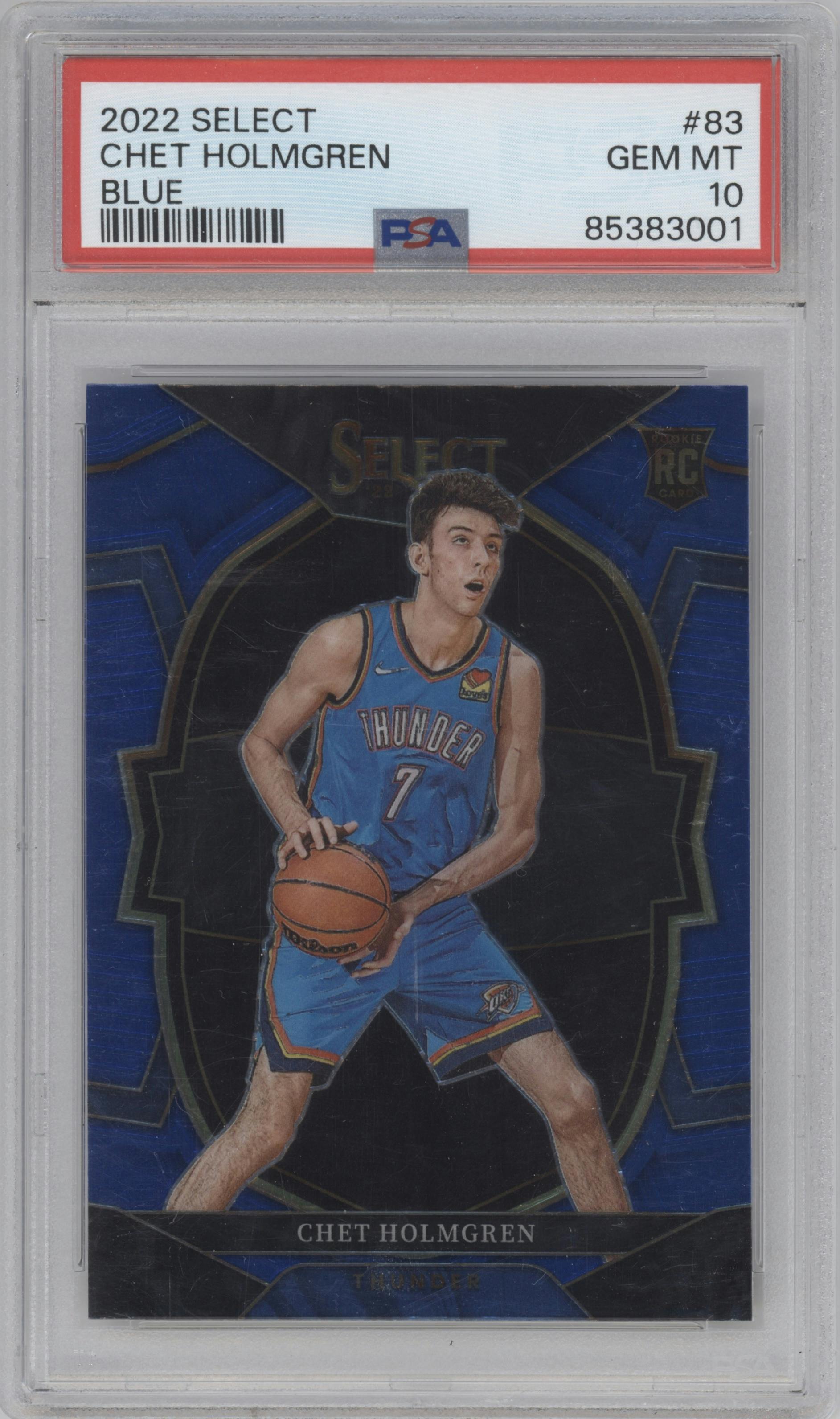 Chet Holmgren from the 2022-23 Panini Select set featuring a Blue Retail parallel graded by PSA and given an overall grade of 10.