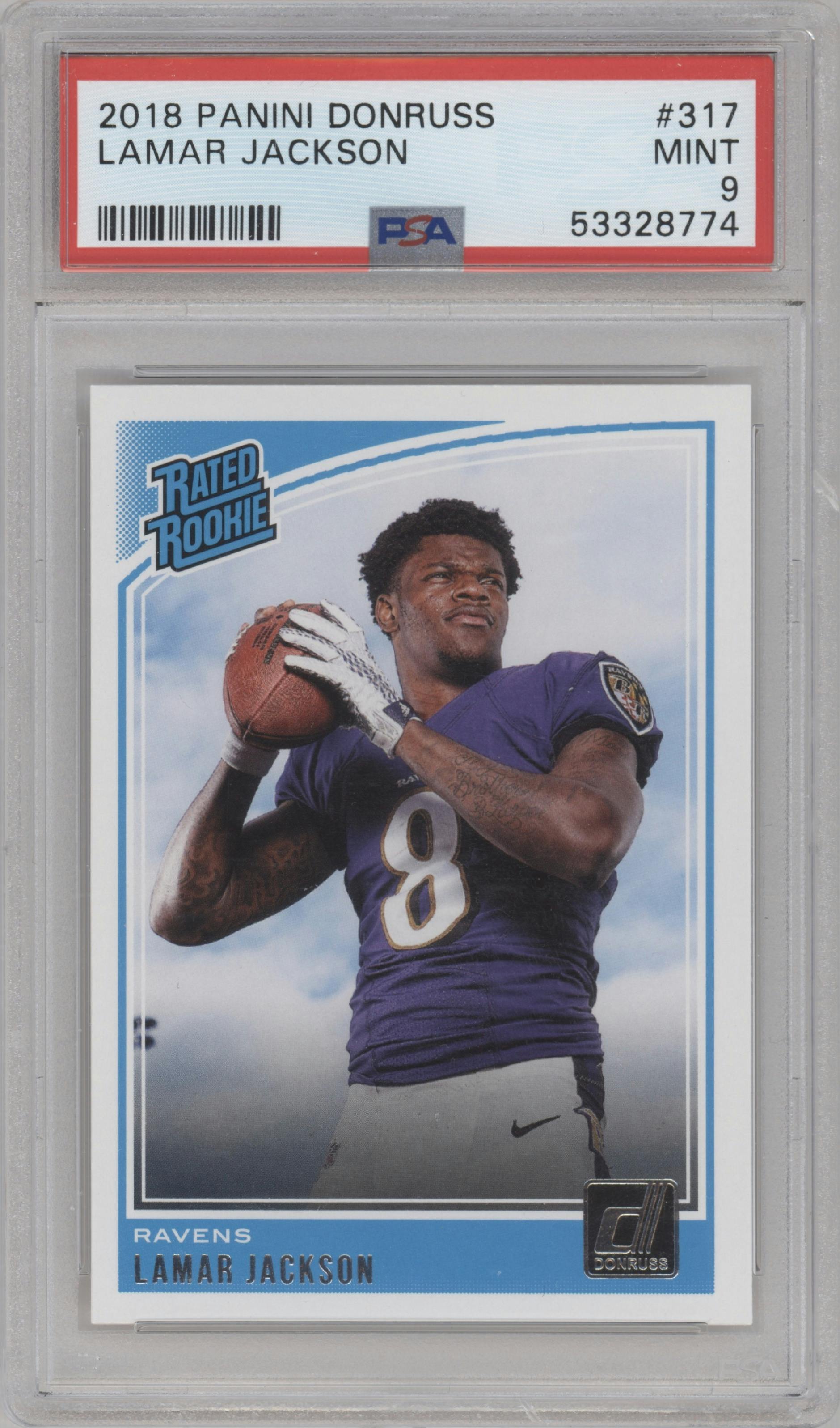 Lamar Jackson from the 2018 Panini Donruss set graded by PSA and given an overall grade of 9.