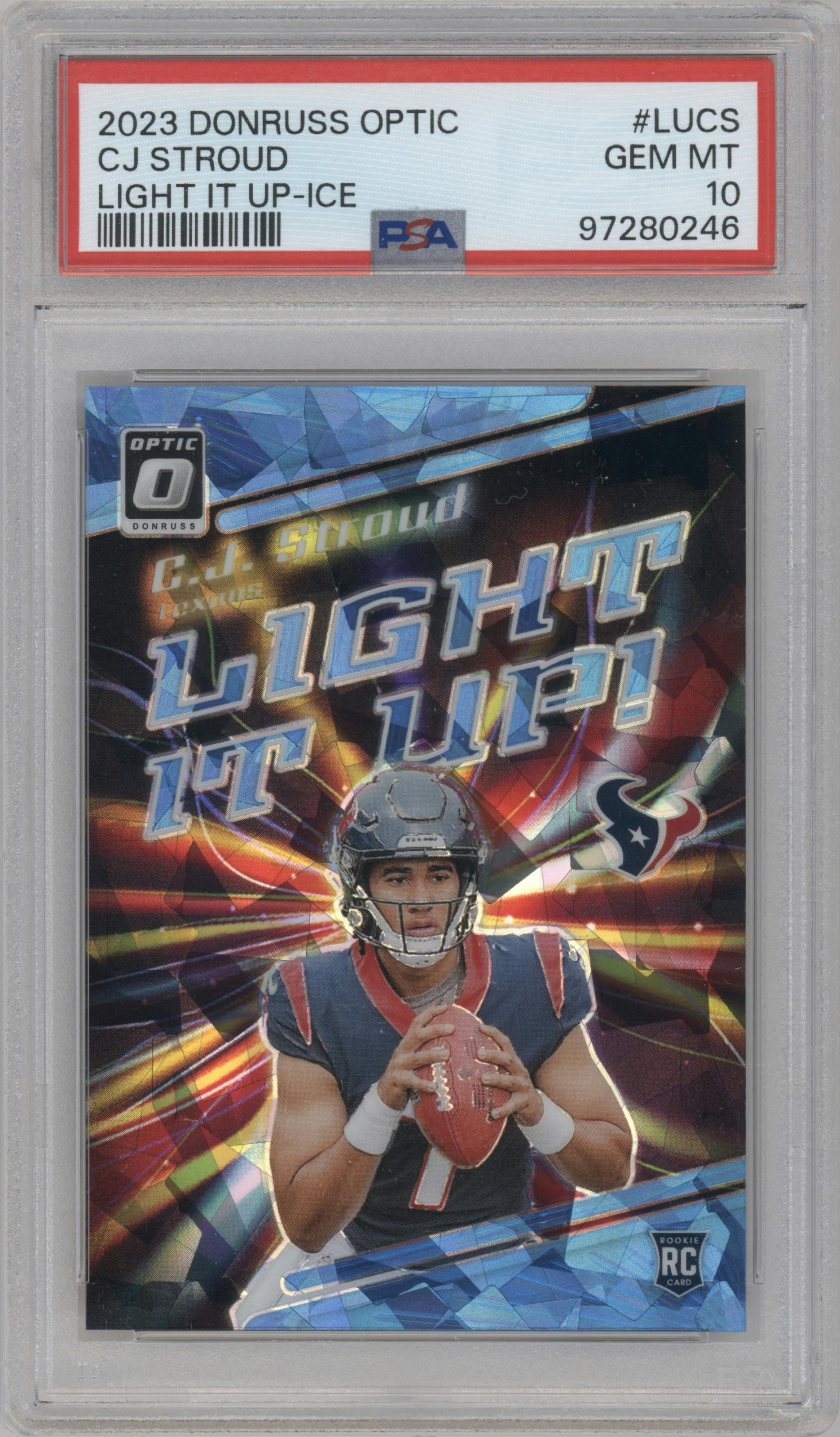 C.J. Stroud from the 2023 Donruss Optic set featuring a Ice Prizm parallel graded by PSA and given an overall grade of 10.