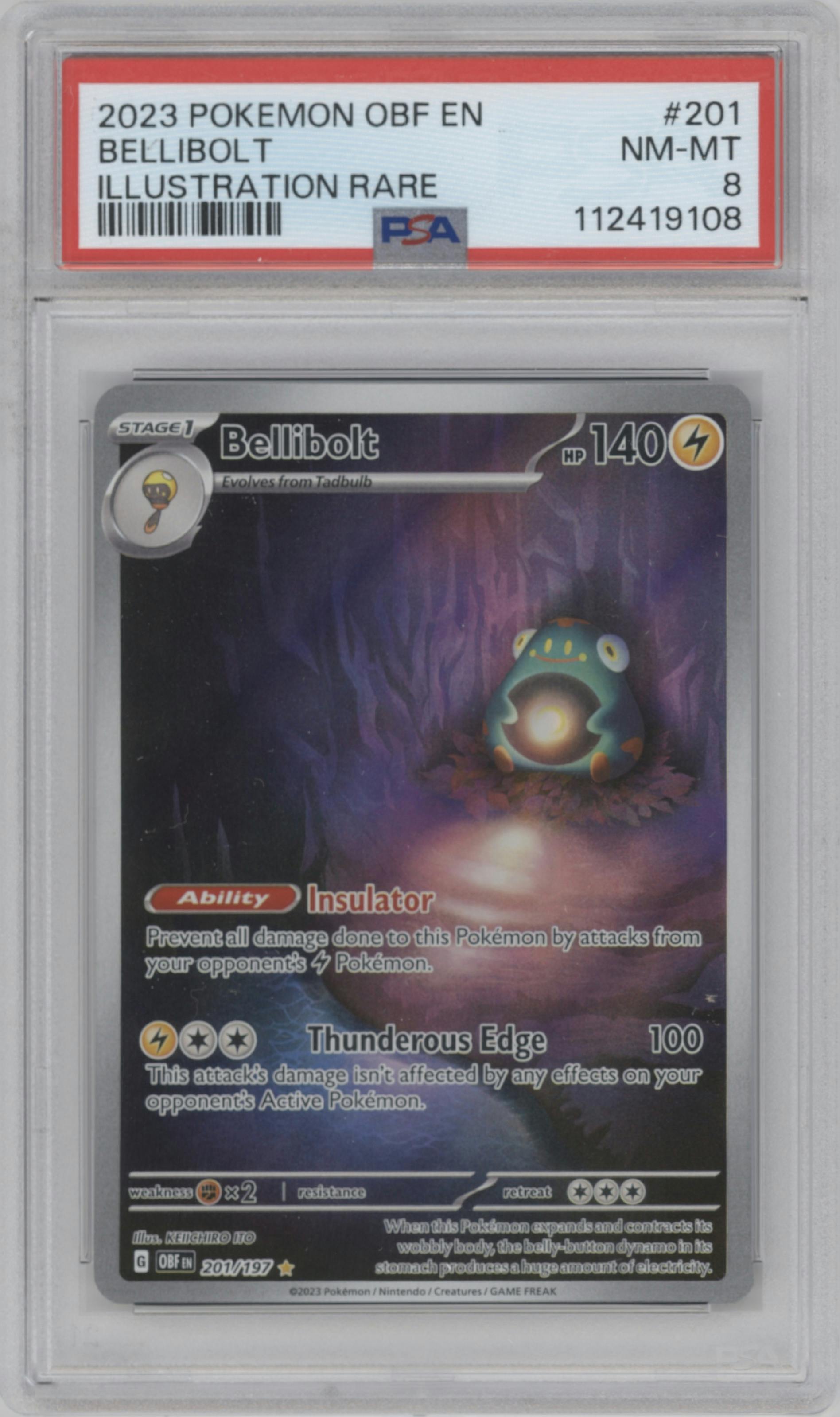 Bellibolt from the 2023 Pokemon SV set graded by PSA and given an overall grade of 8.